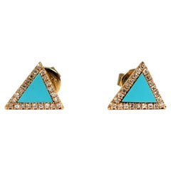 14 Karat Yellow Gold Turquoise & Diamond Triangle Earrings