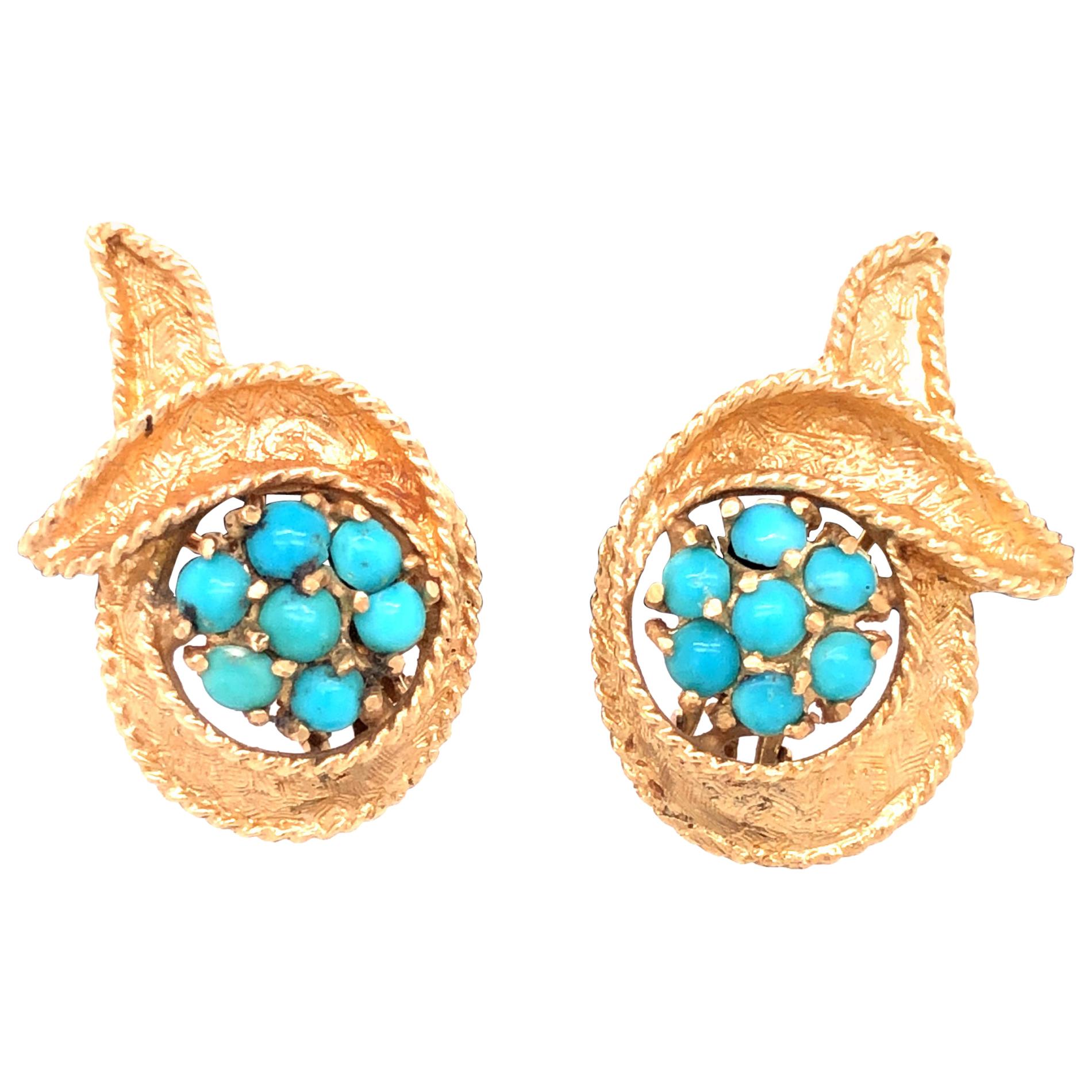 14 Karat Yellow Gold Turquoise Earclips For Sale