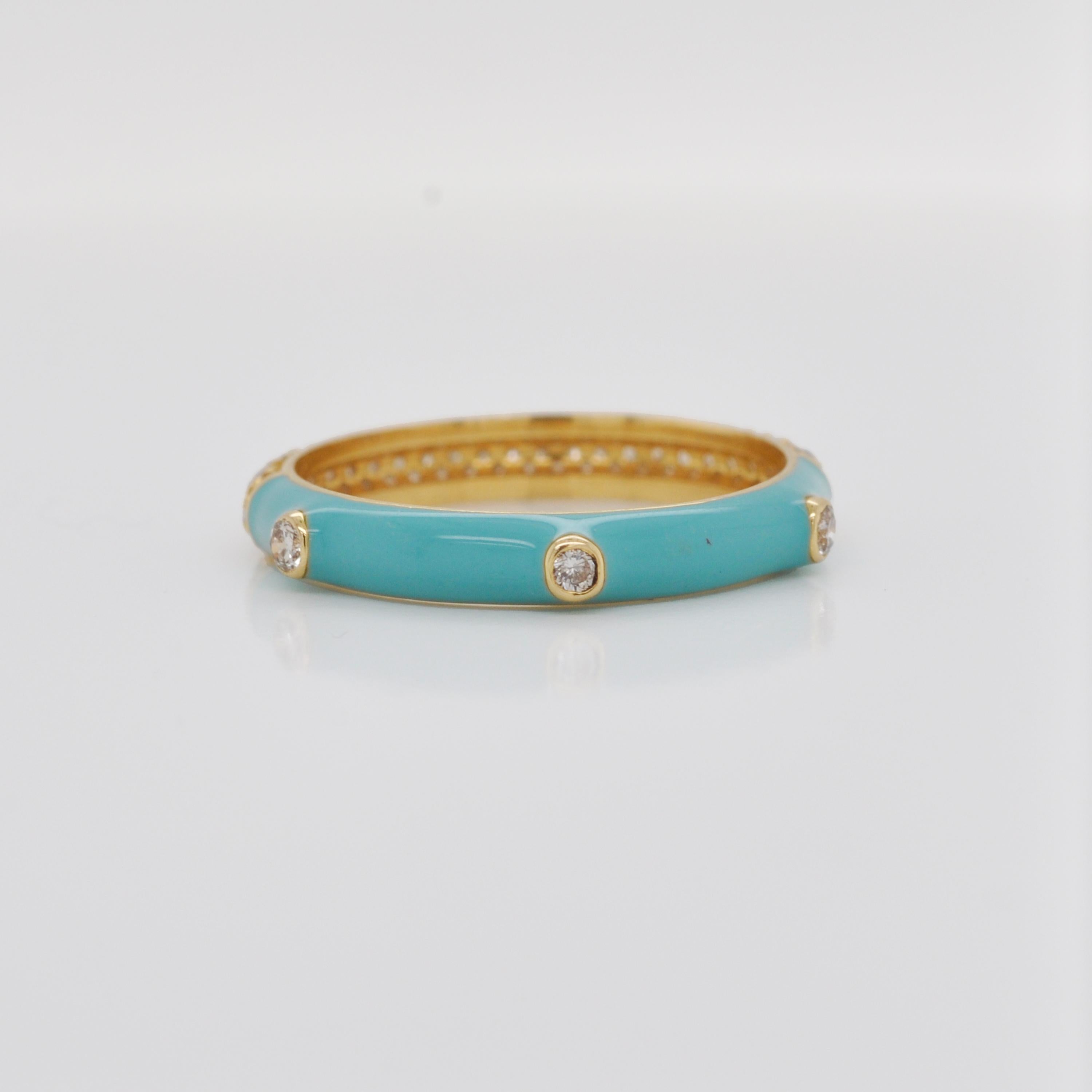 14 Karat Yellow Gold Turquoise Enamel Diamond Gold Band Ring For Sale 4