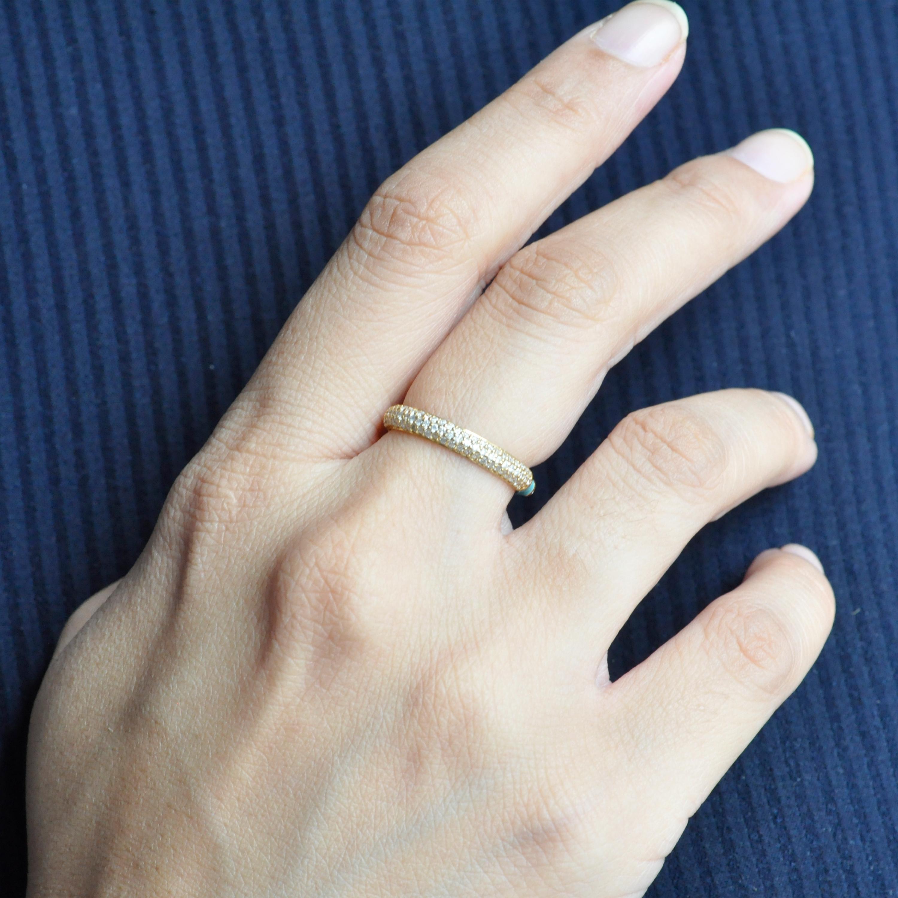 Brilliant Cut 14 Karat Yellow Gold Turquoise Enamel Diamond Gold Band Ring For Sale