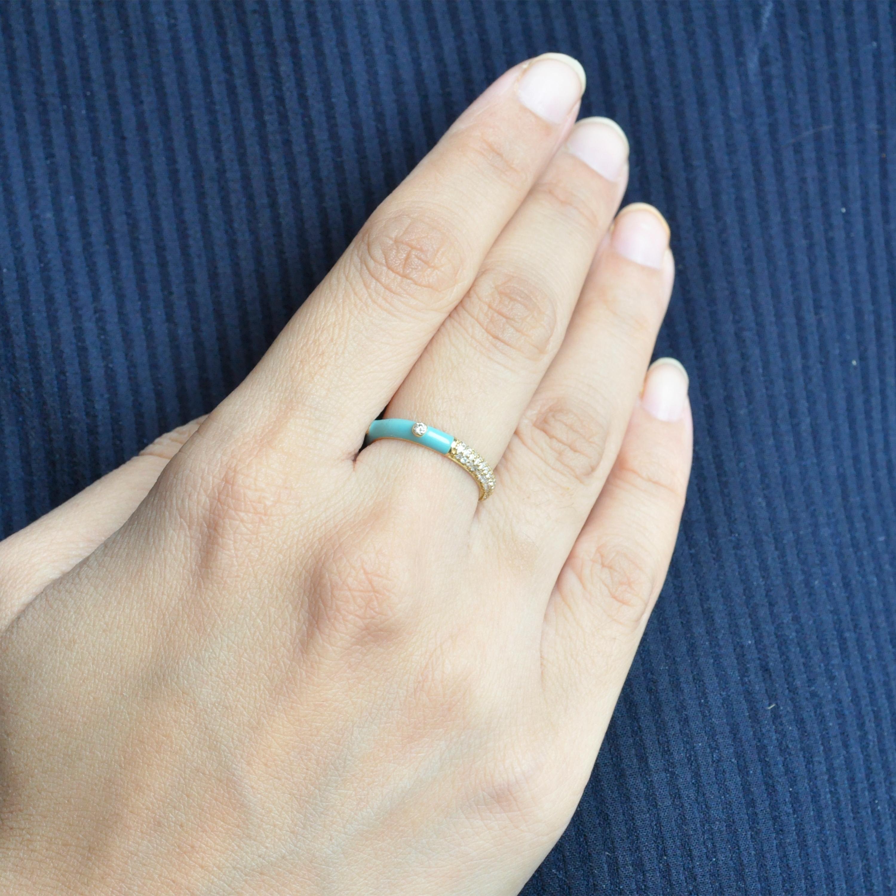Women's or Men's 14 Karat Yellow Gold Turquoise Enamel Diamond Gold Band Ring For Sale