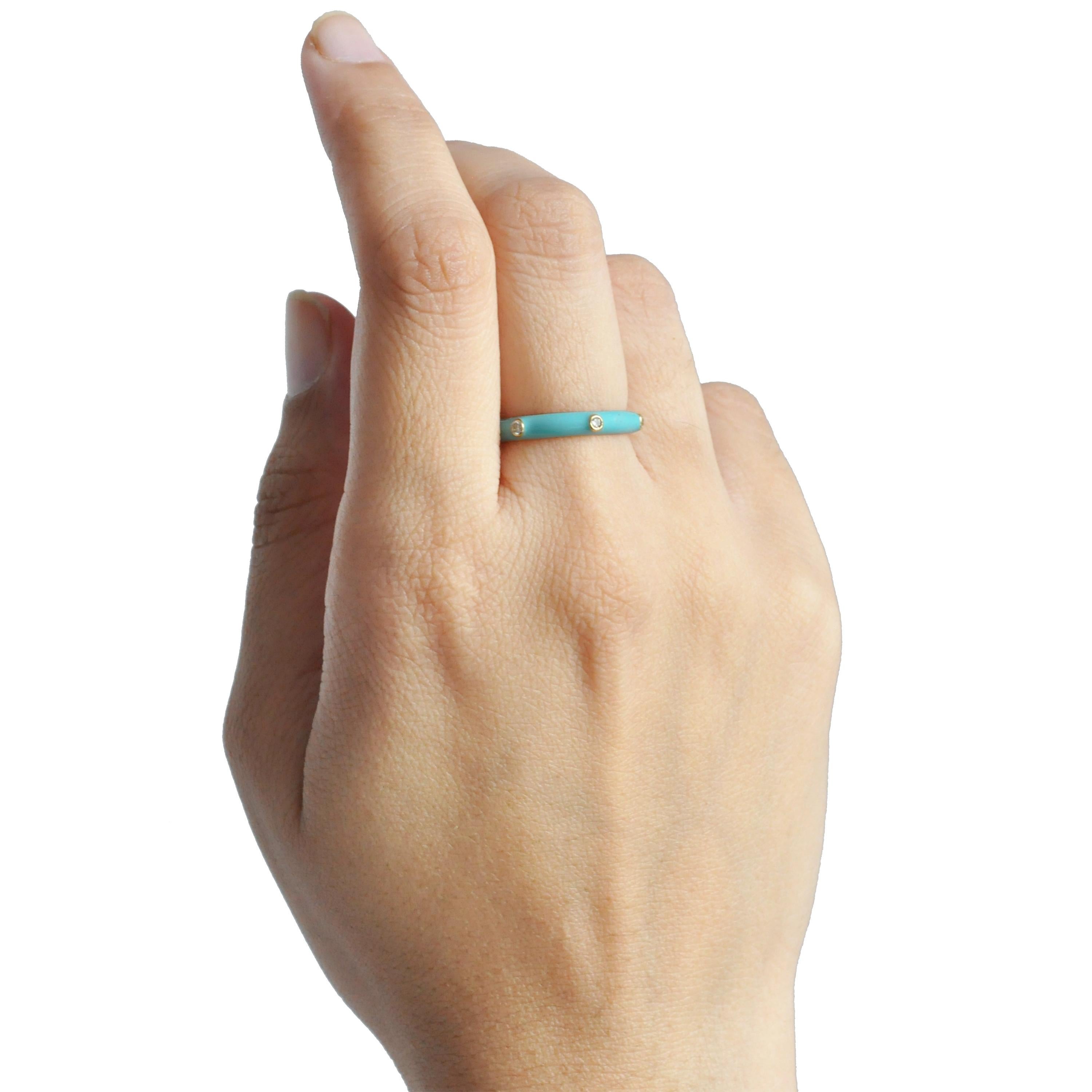 14 Karat Yellow Gold Turquoise Enamel Diamond Gold Band Ring For Sale 1
