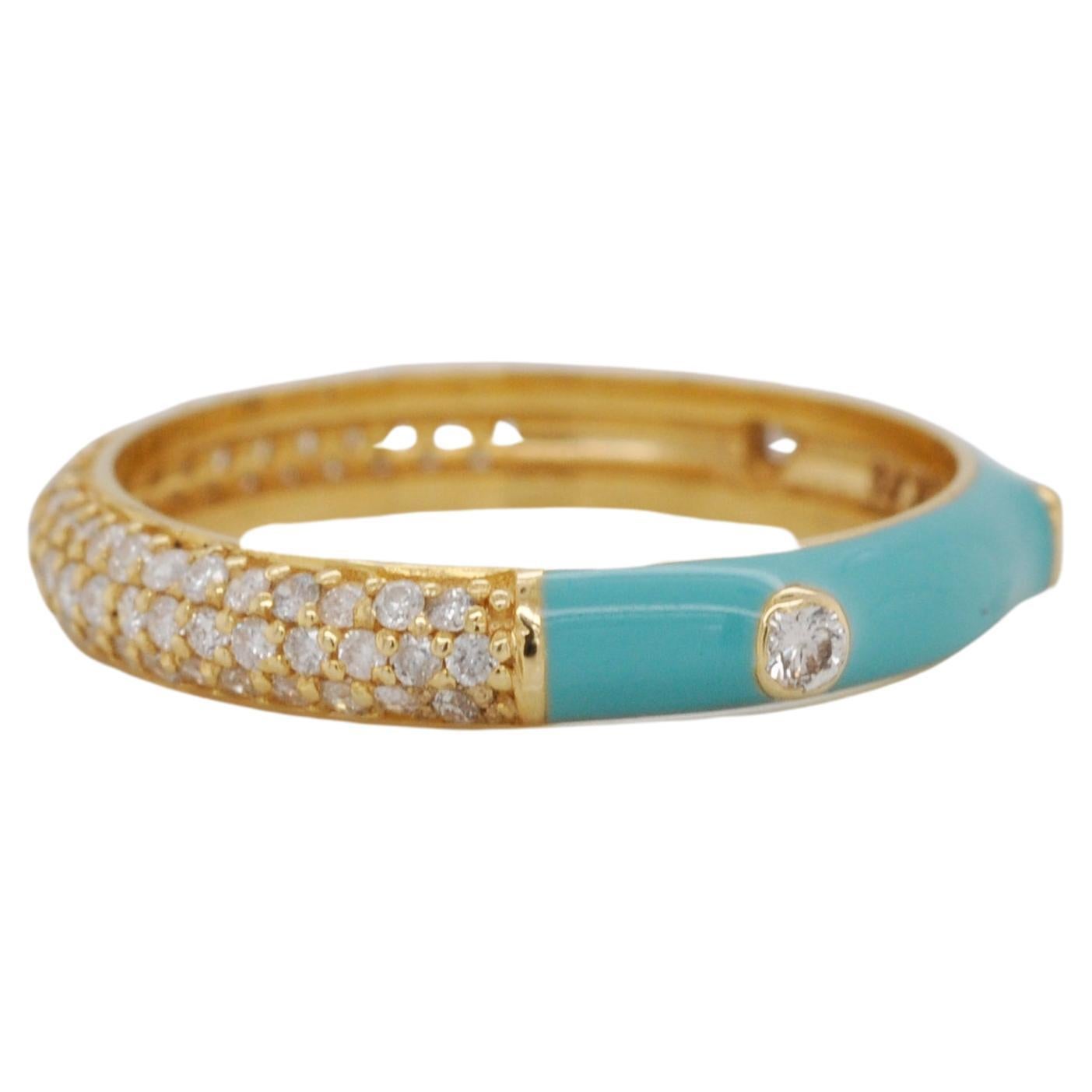 14 Karat Yellow Gold Turquoise Enamel Diamond Gold Band Ring
