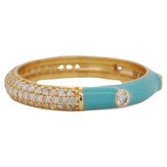 14 Karat Yellow Gold Turquoise Enamel Diamond Gold Band Ring
