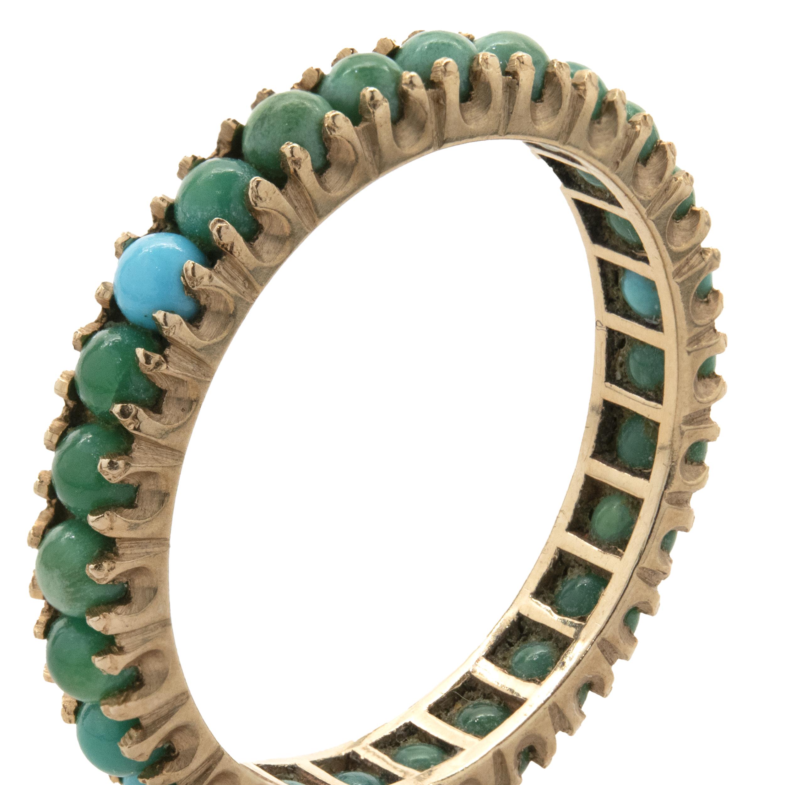 Round Cut 14 Karat Yellow Gold Turquoise Eternity Band For Sale