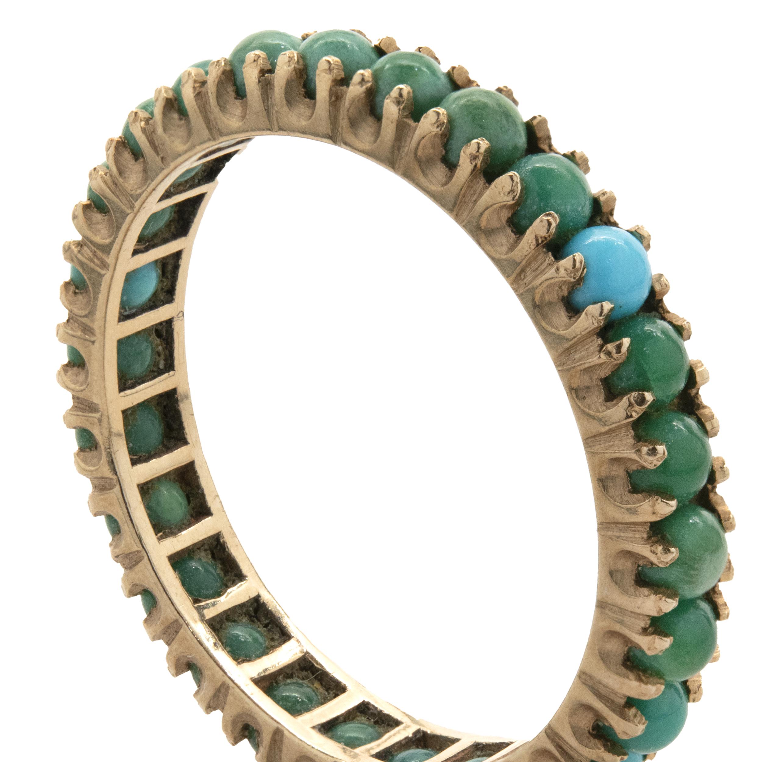 Round Cut 14 Karat Yellow Gold Turquoise Eternity Band For Sale