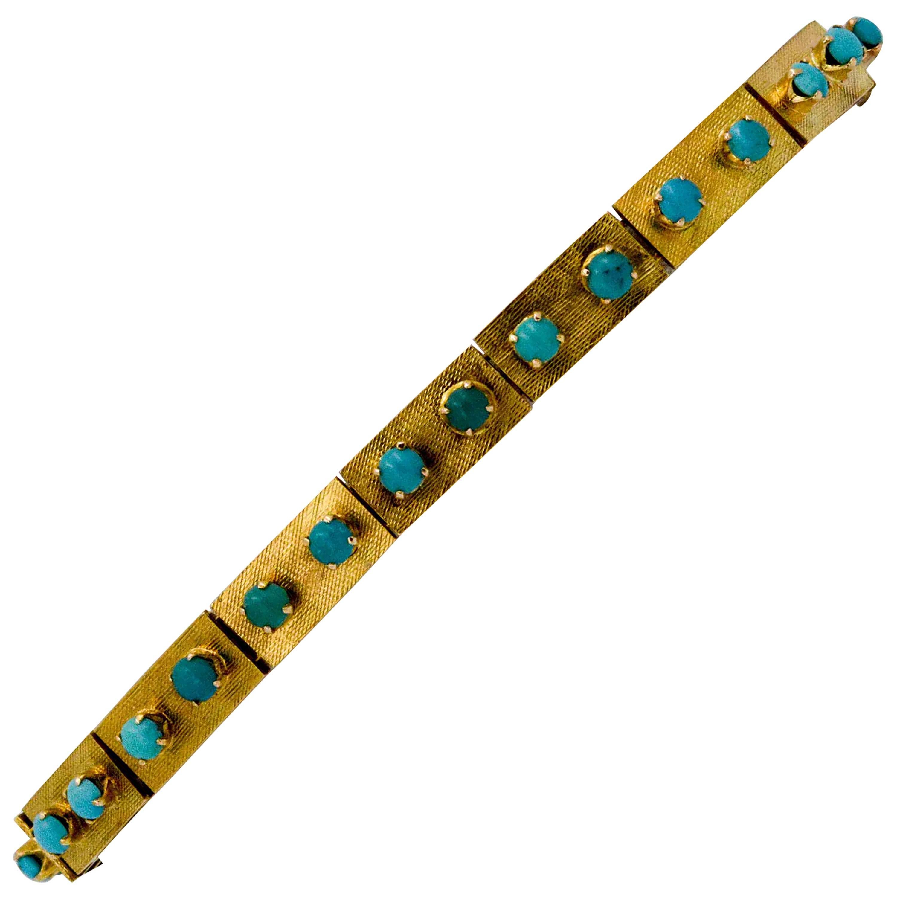 14 Karat Yellow Gold Turquoise Etruscan Bracelet