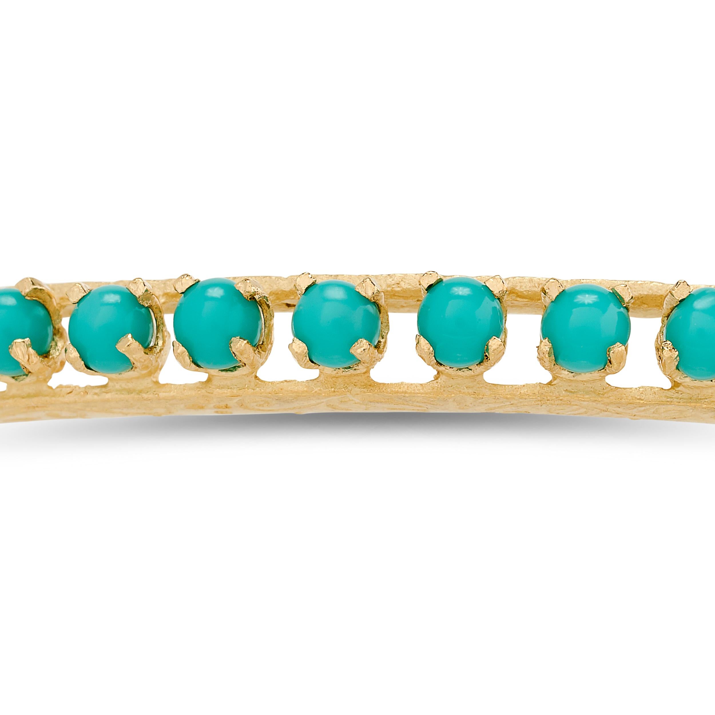 Bracelet jonc filigrane en or jaune 14 carats avec turquoise Bon état - En vente à Philadelphia, PA