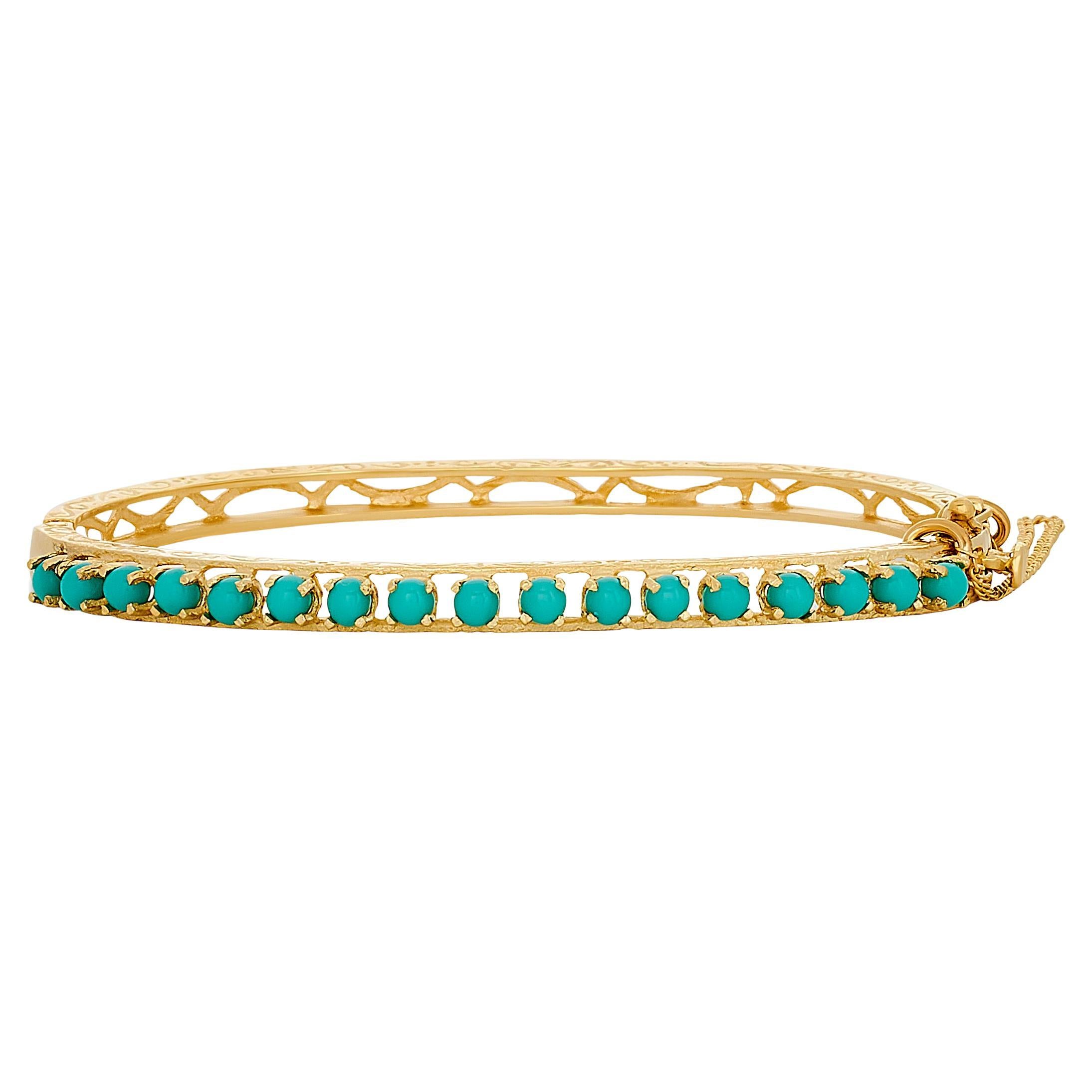 14 Karat Yellow Gold Turquoise Filigree Bangle Bracelet