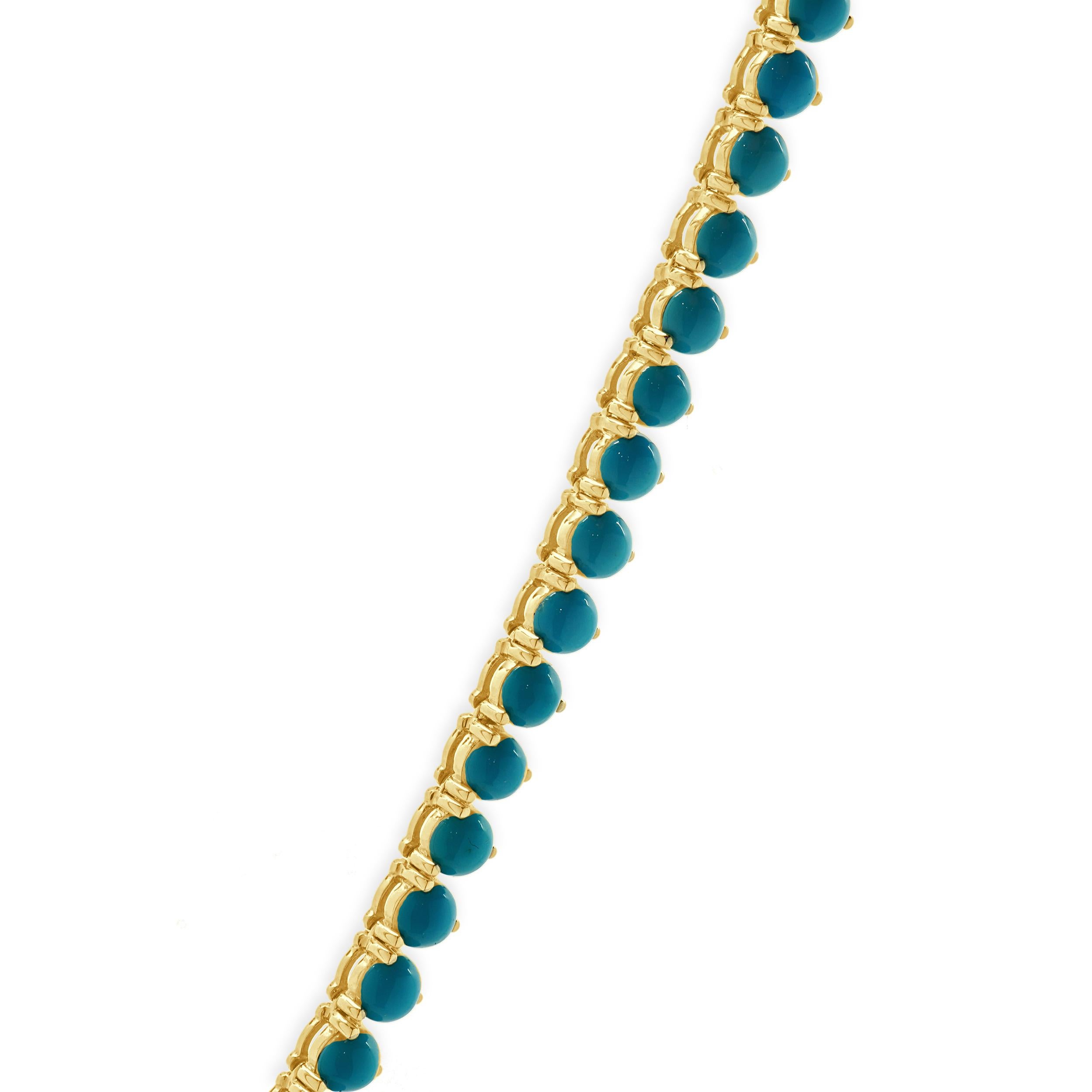 Designer: personalizzato
Materiale: oro giallo 14 carati
Turchese: 97 tagli rotondi = 16,85cttw
Lunghezza: la catena misura 19.25 pollici
Peso: 21,84 grammi
