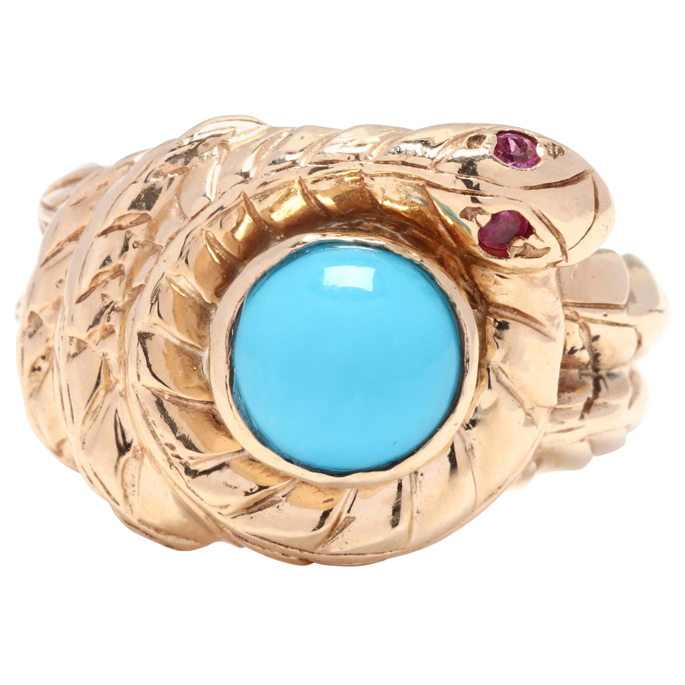 14 Karat Yellow Gold, Turquoise, Ruby Coiled Snake Ring For Sale