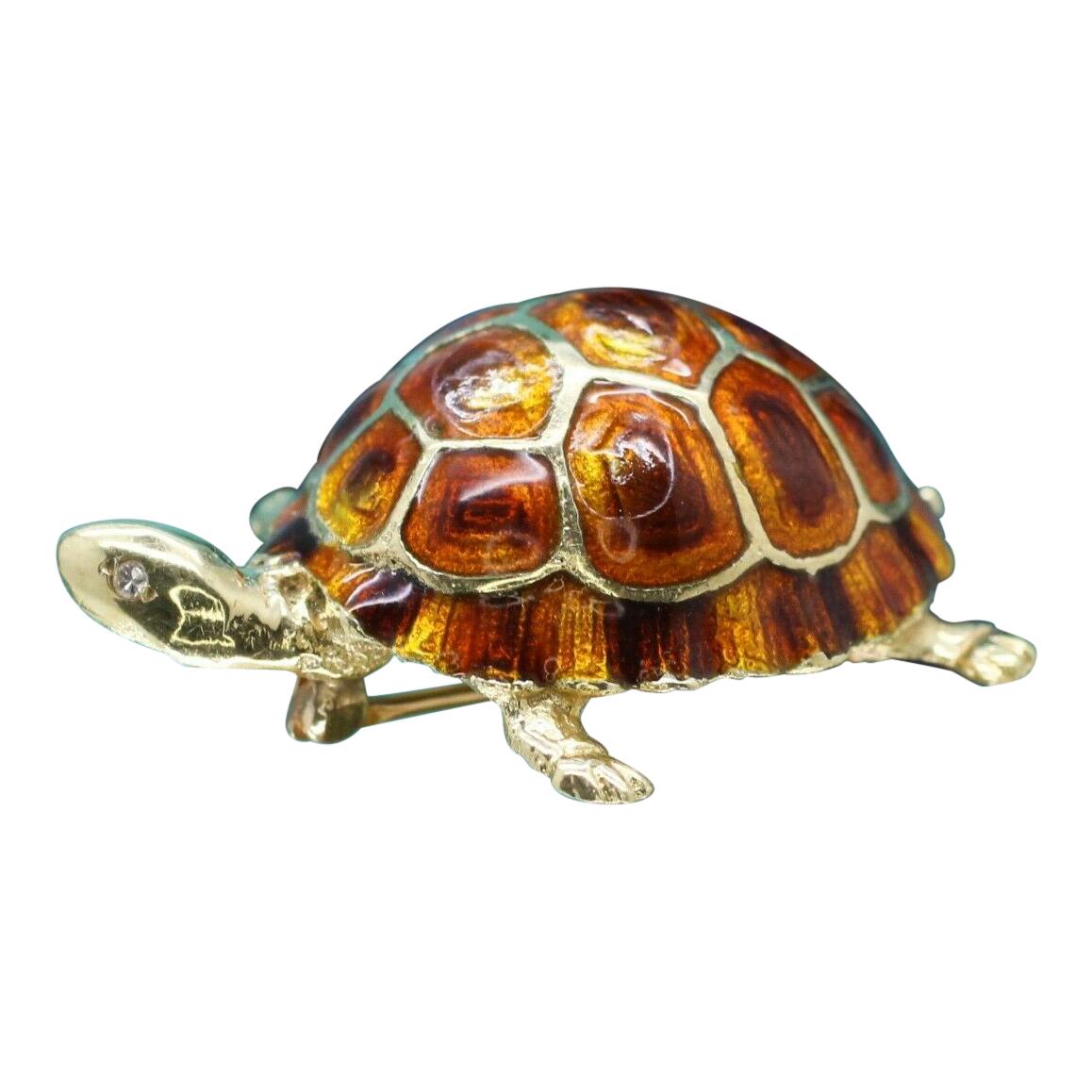 14 Karat Yellow Gold Turtle Brooch with Single Cut Diamond Eyes For Sale