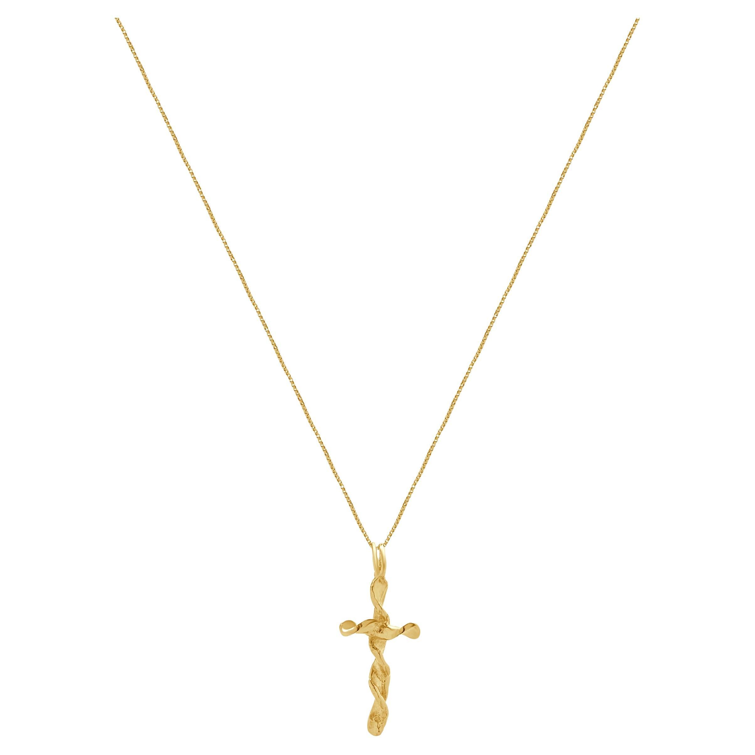 14 Karat Yellow Gold Twist Cross Necklace For Sale