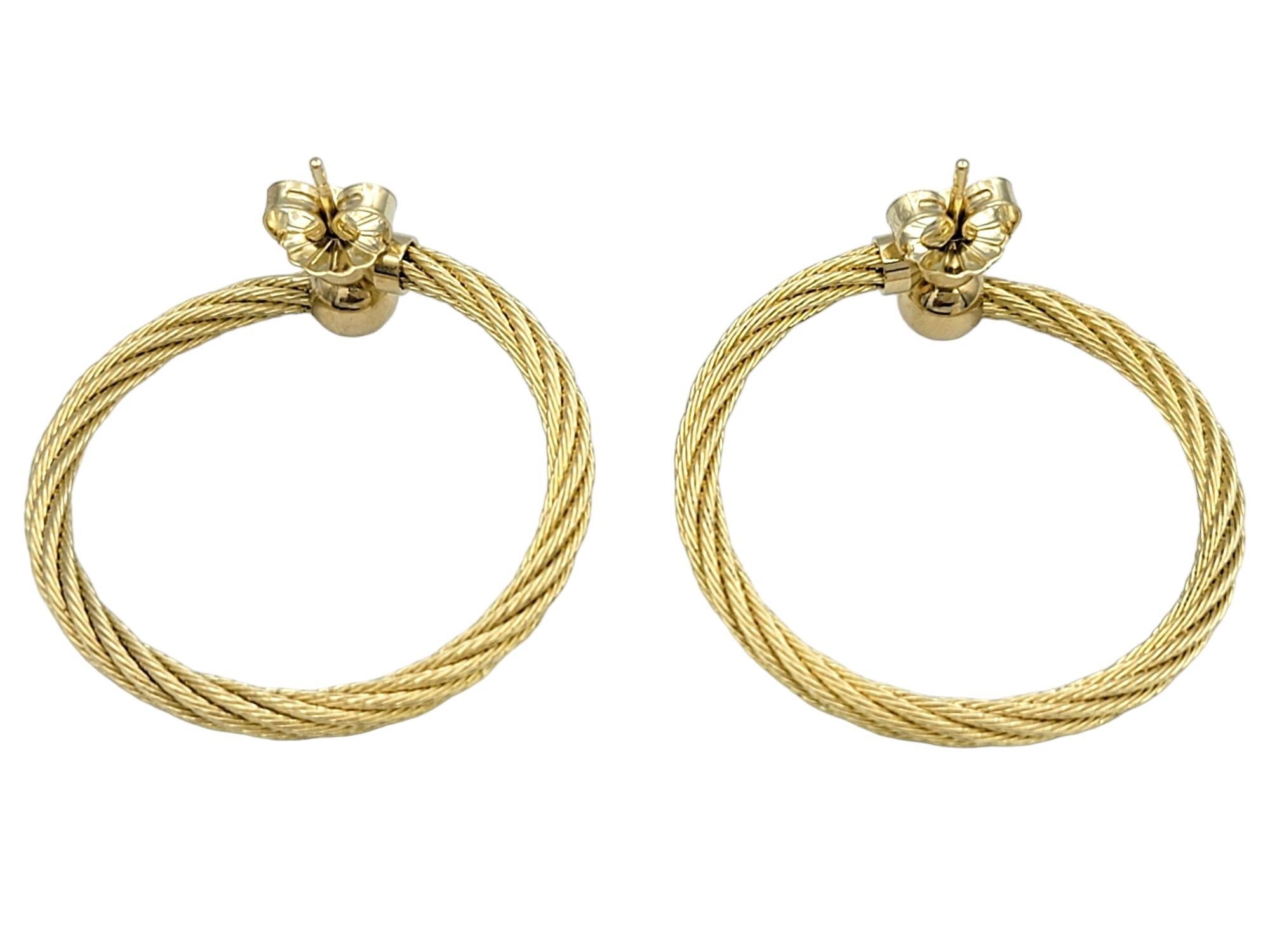 Contemporary 14 Karat Yellow Gold Twisted Cable Design Front Facing Hoop Pierced Earrings For Sale