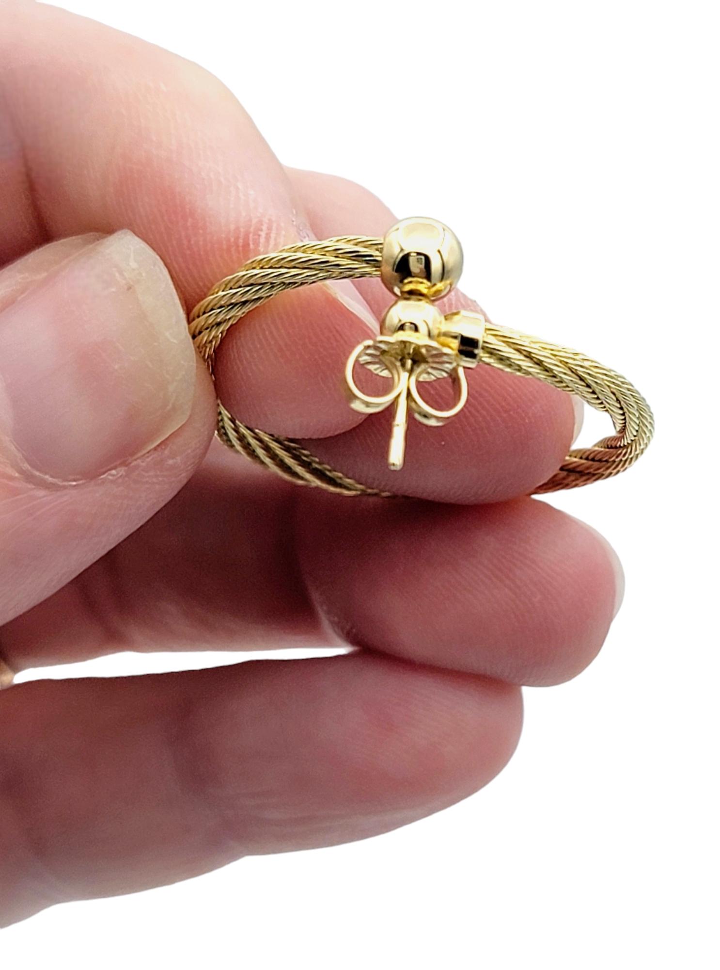Women's 14 Karat Yellow Gold Twisted Cable Design Front Facing Hoop Pierced Earrings For Sale