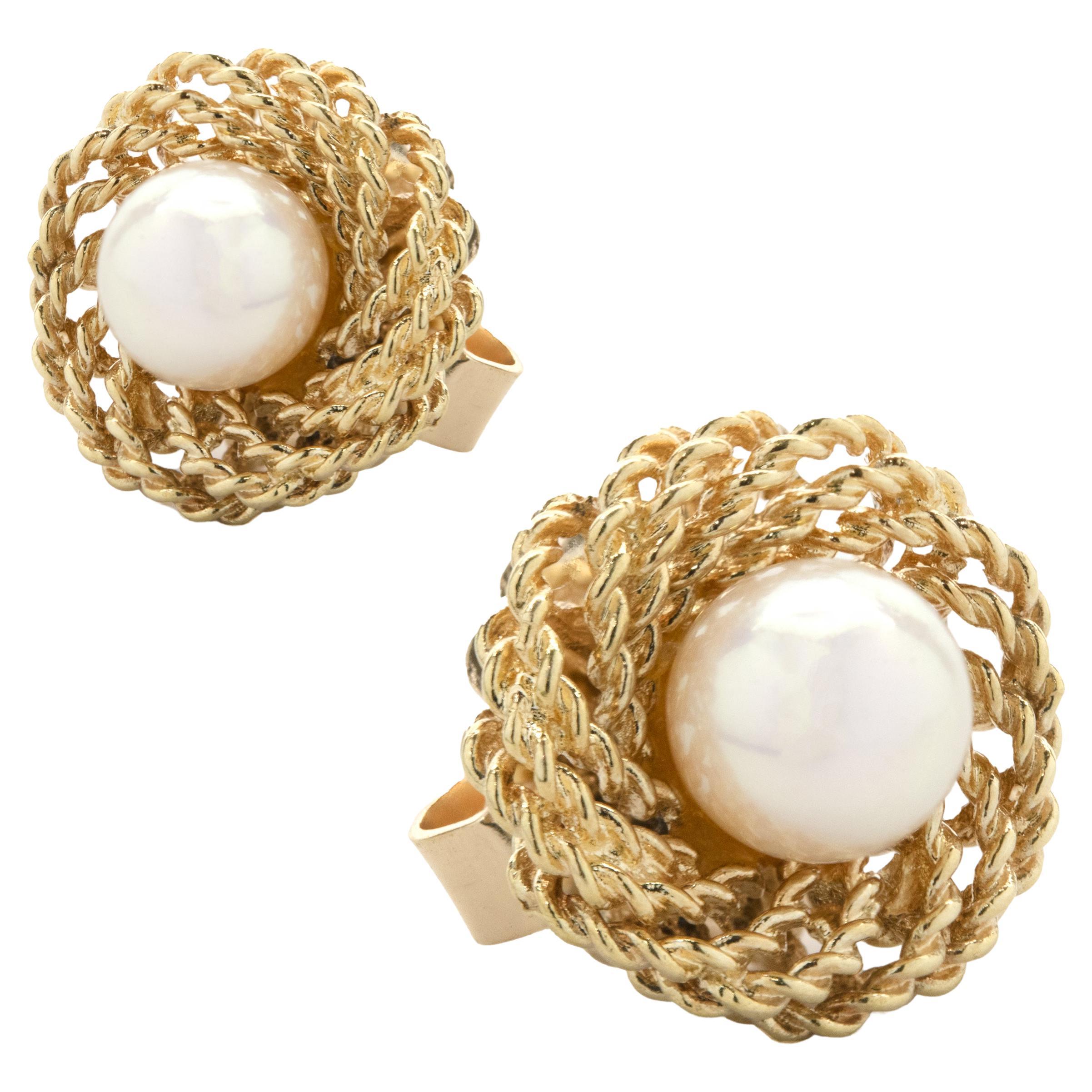 14 Karat Yellow Gold Twisted Pearl Stud Earrings