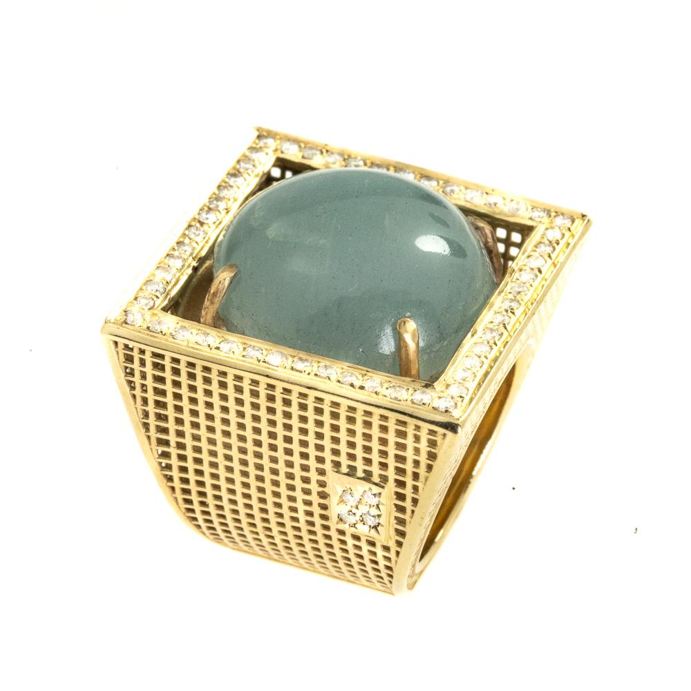 Cabochon 14 Karat Yellow Gold Square Aquamarine Diamond Ring  For Sale