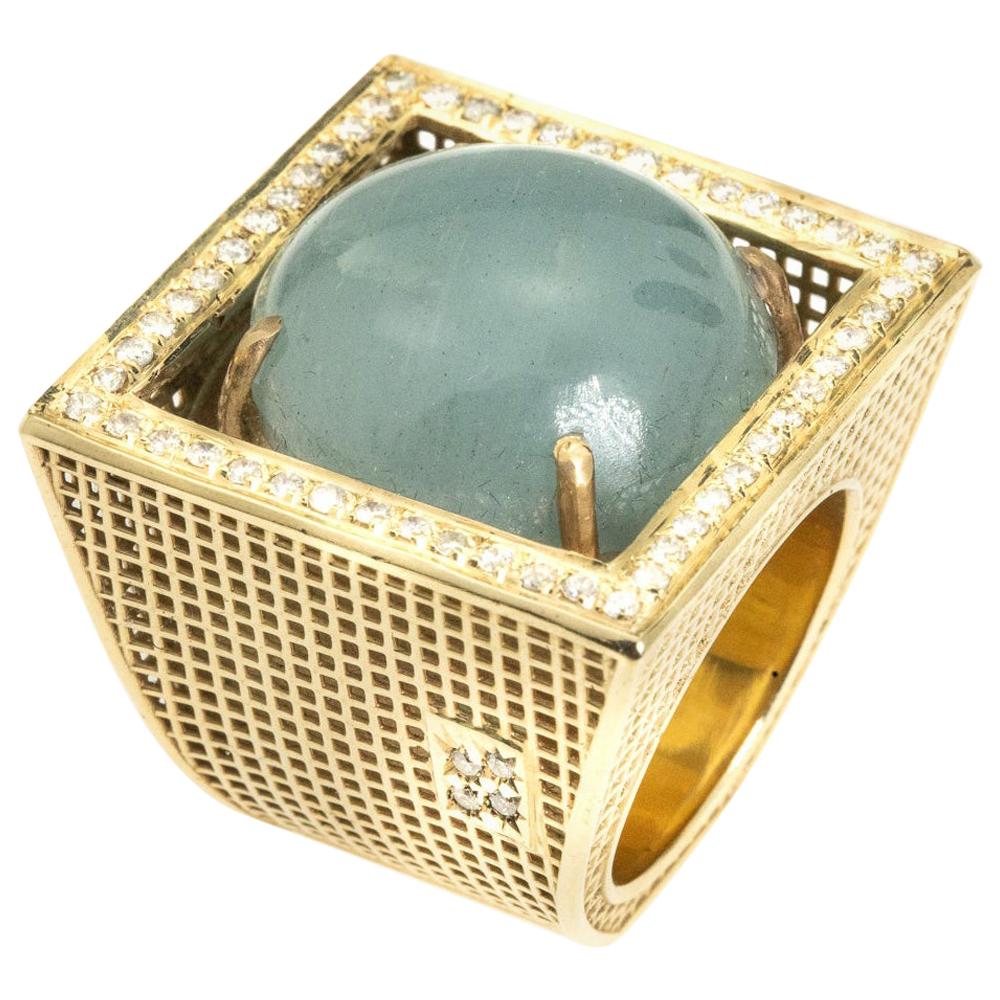 14 Karat Yellow Gold Square Aquamarine Diamond Ring  For Sale