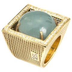 14 Karat Yellow Gold Square Aquamarine Diamond Ring 