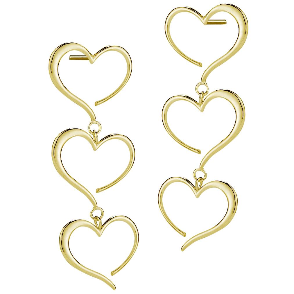 24 Karat Yellow Gold Vermeil Triple Heart Dangle Earrings For Sale