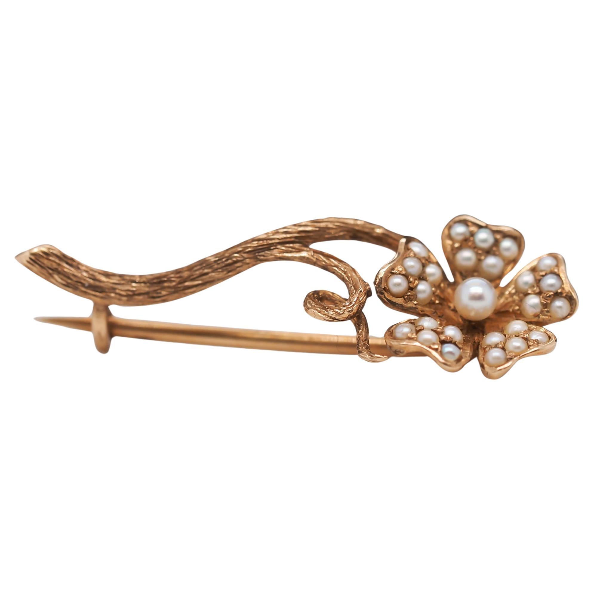 14 Karat Yellow Gold Victorian Flower Pin and Brooch with Pearls For Sale
