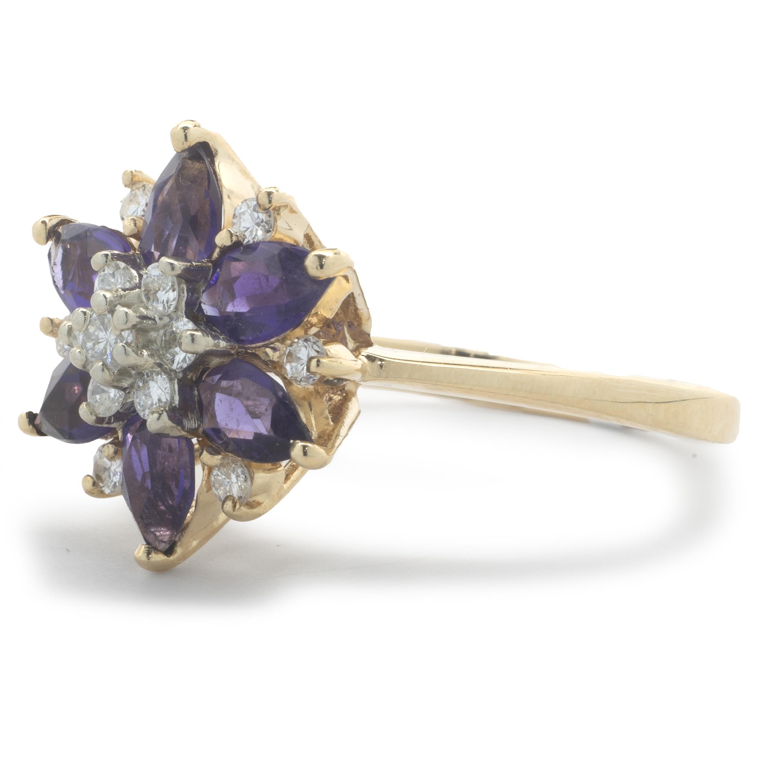 Pear Cut 14 Karat Yellow Gold Vintage Amethyst and Diamond Flower Ring For Sale