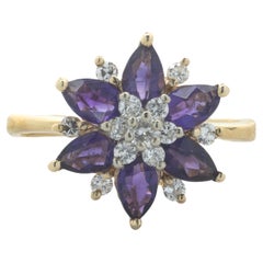14 Karat Gelbgold Vintage Amethyst- und Diamant-Blumenring