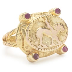 14 Karat Yellow Gold Vintage Ancient Roman Art Style Ring with Cabachon Rubies