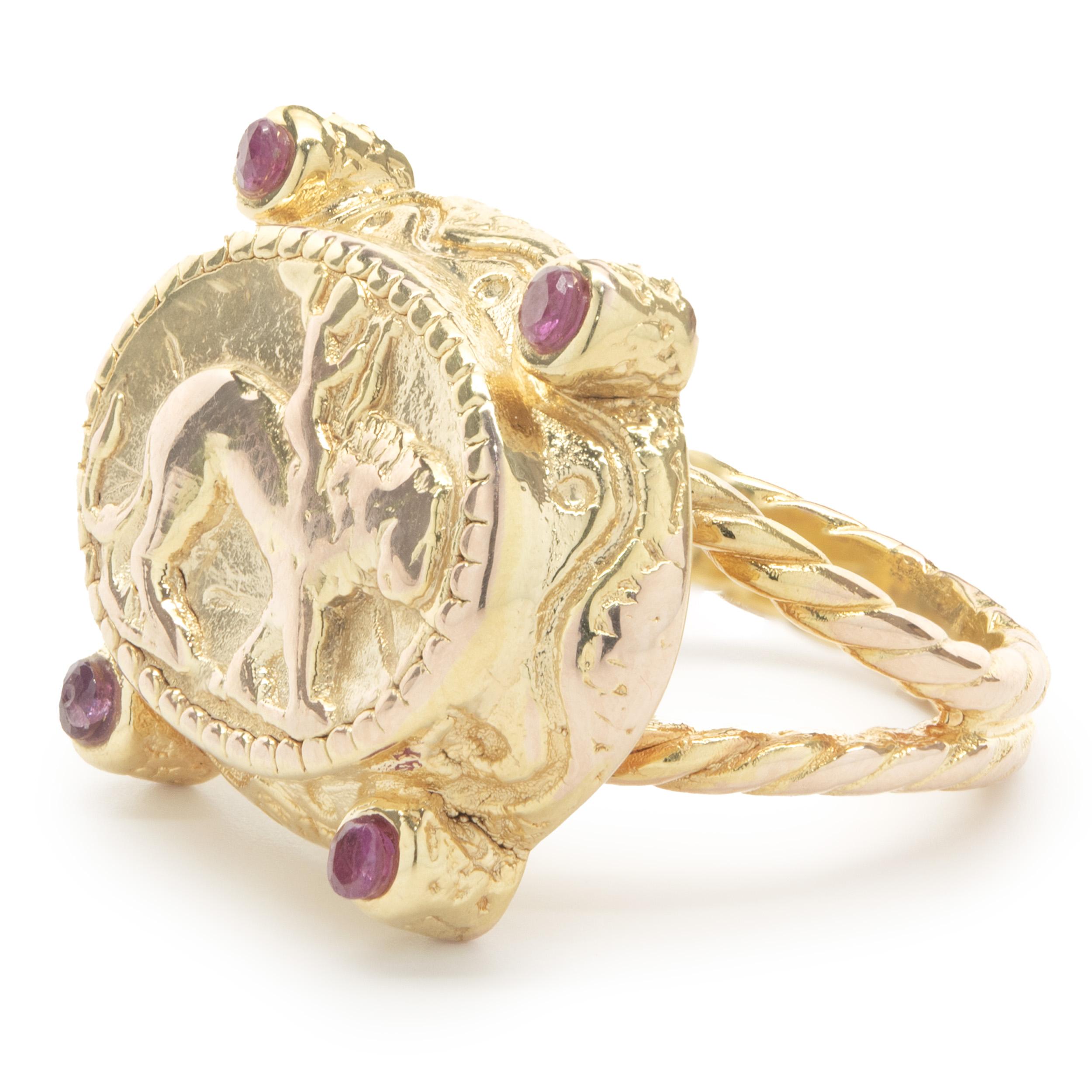 Cabochon 14 Karat Yellow Gold Vintage Ancient Roman Art Style Ring with Cabachon Rubies For Sale
