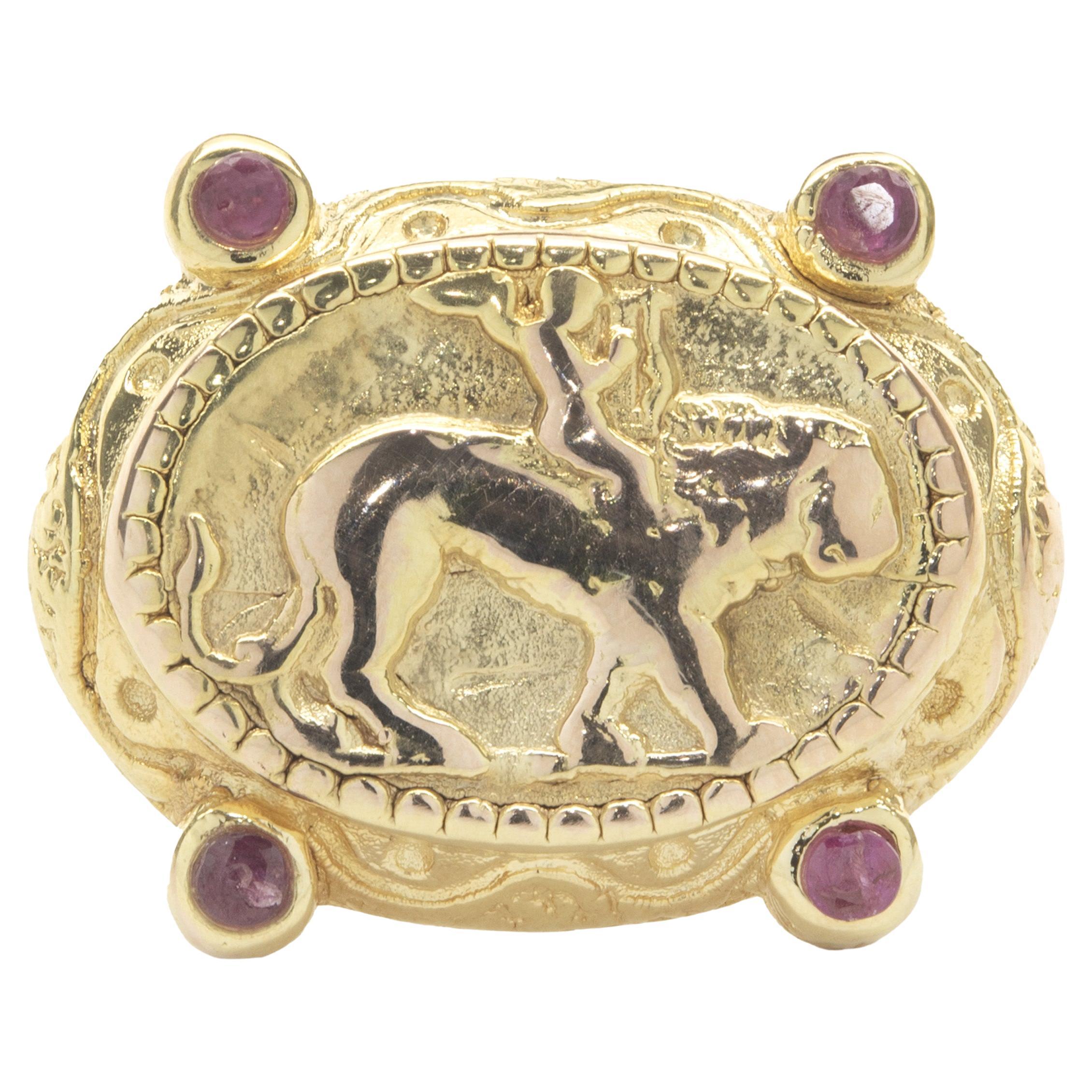 14 Karat Yellow Gold Vintage Ancient Roman Art Style Ring with Cabachon Rubies For Sale