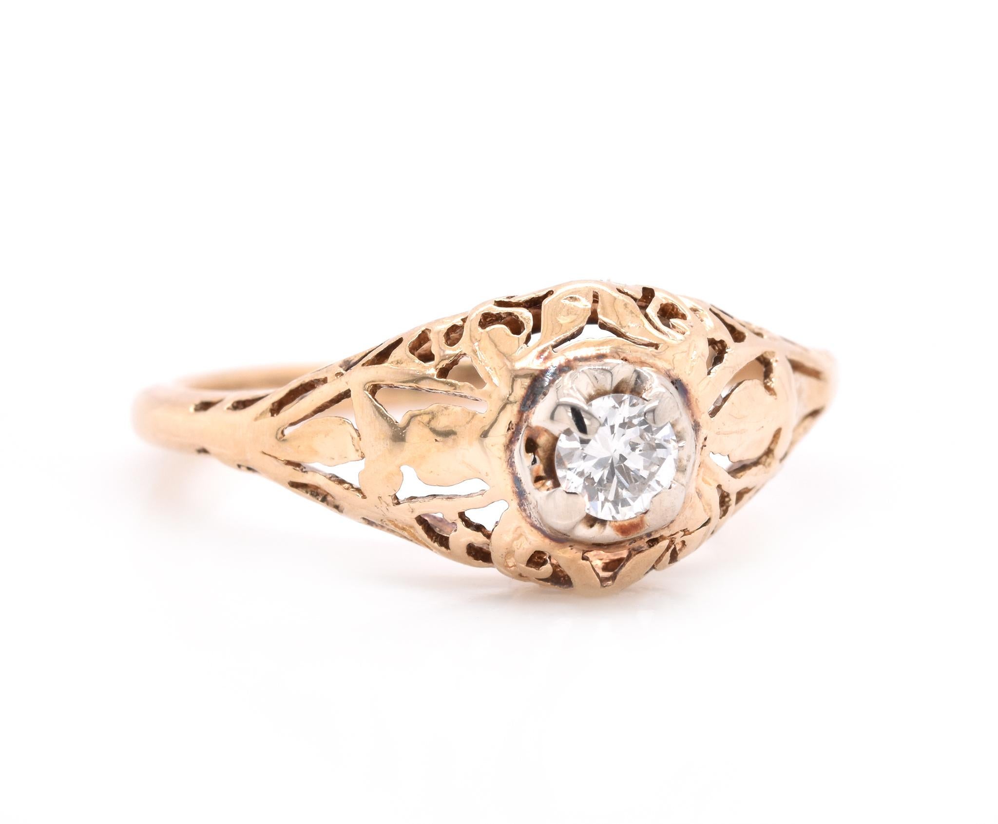 Material: 14K yellow gold
Center Diamond: 1 round brilliant cut = .15ct
Color: H
Clarity: VS2
Ring Size: 6.5 (please allow up to 2 additional business days for sizing requests)
Dimensions: ring shank measures 1.5mm
Weight: 2.07 grams