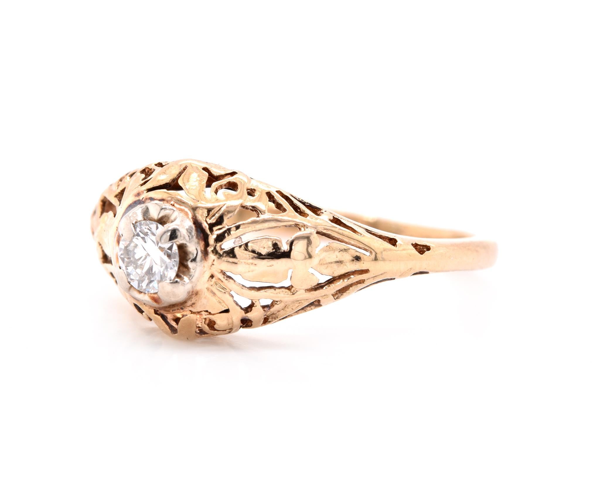 Round Cut 14 Karat Yellow Gold Art Deco Style Diamond Engagement Ring