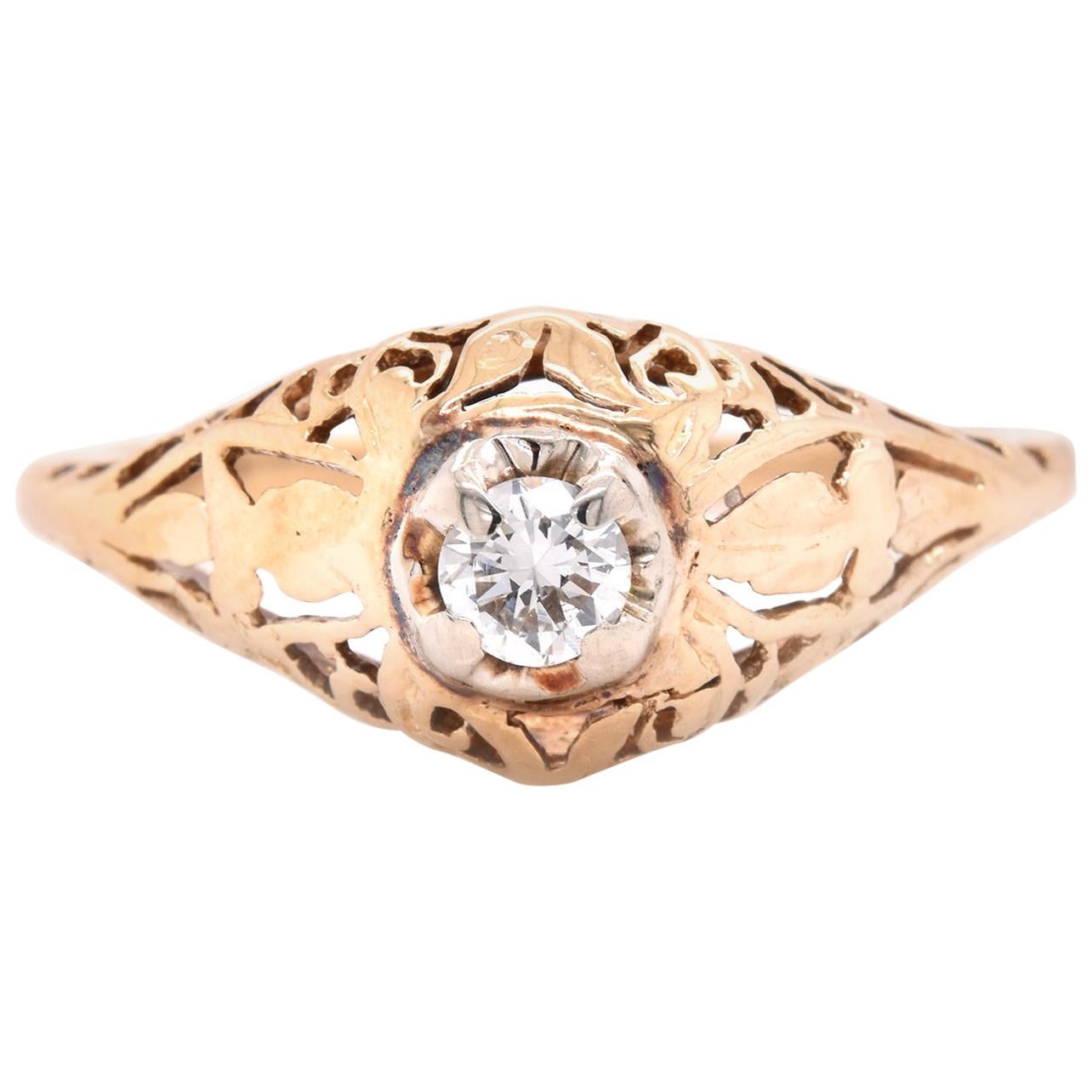 14 Karat Yellow Gold Art Deco Style Diamond Engagement Ring
