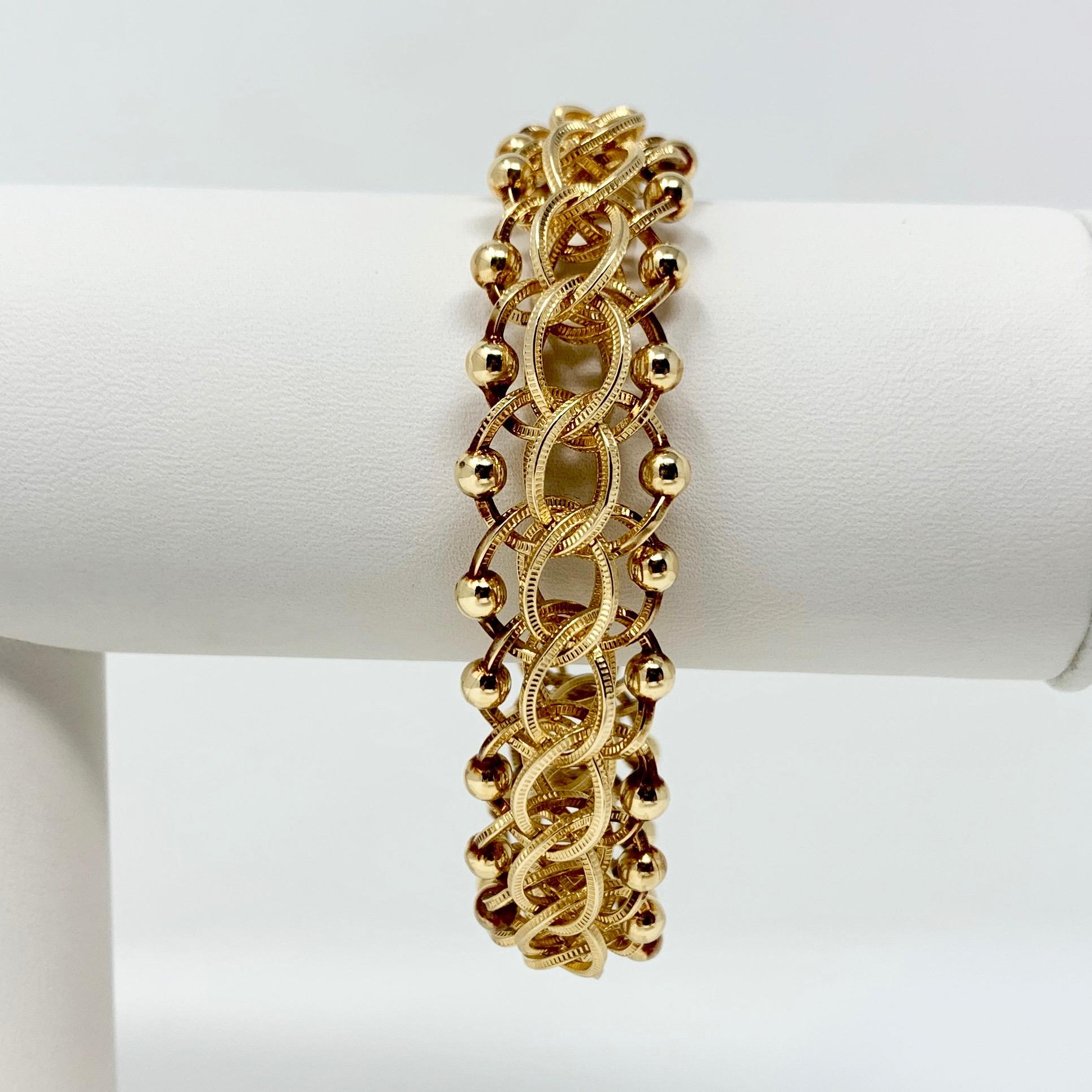 14k Yellow Gold 40.5g Heavy Vintage Bead Spiral Link Charm Bracelet 7.5
