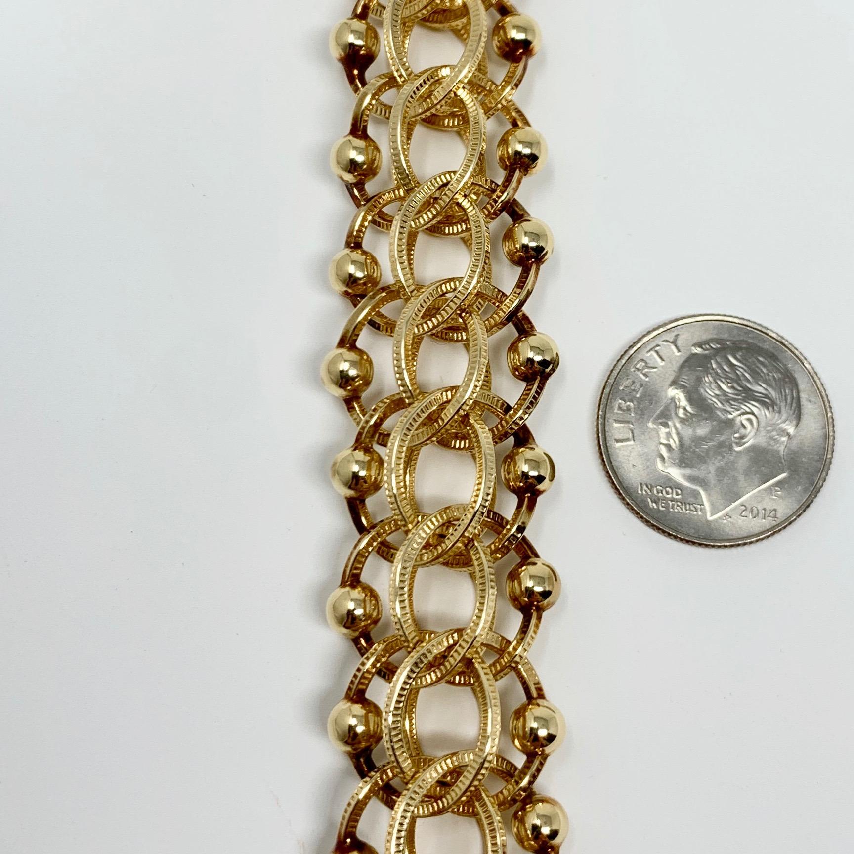 14 Karat Yellow Gold Vintage Bead Spiral Link Charm Bracelet In Good Condition In Guilford, CT