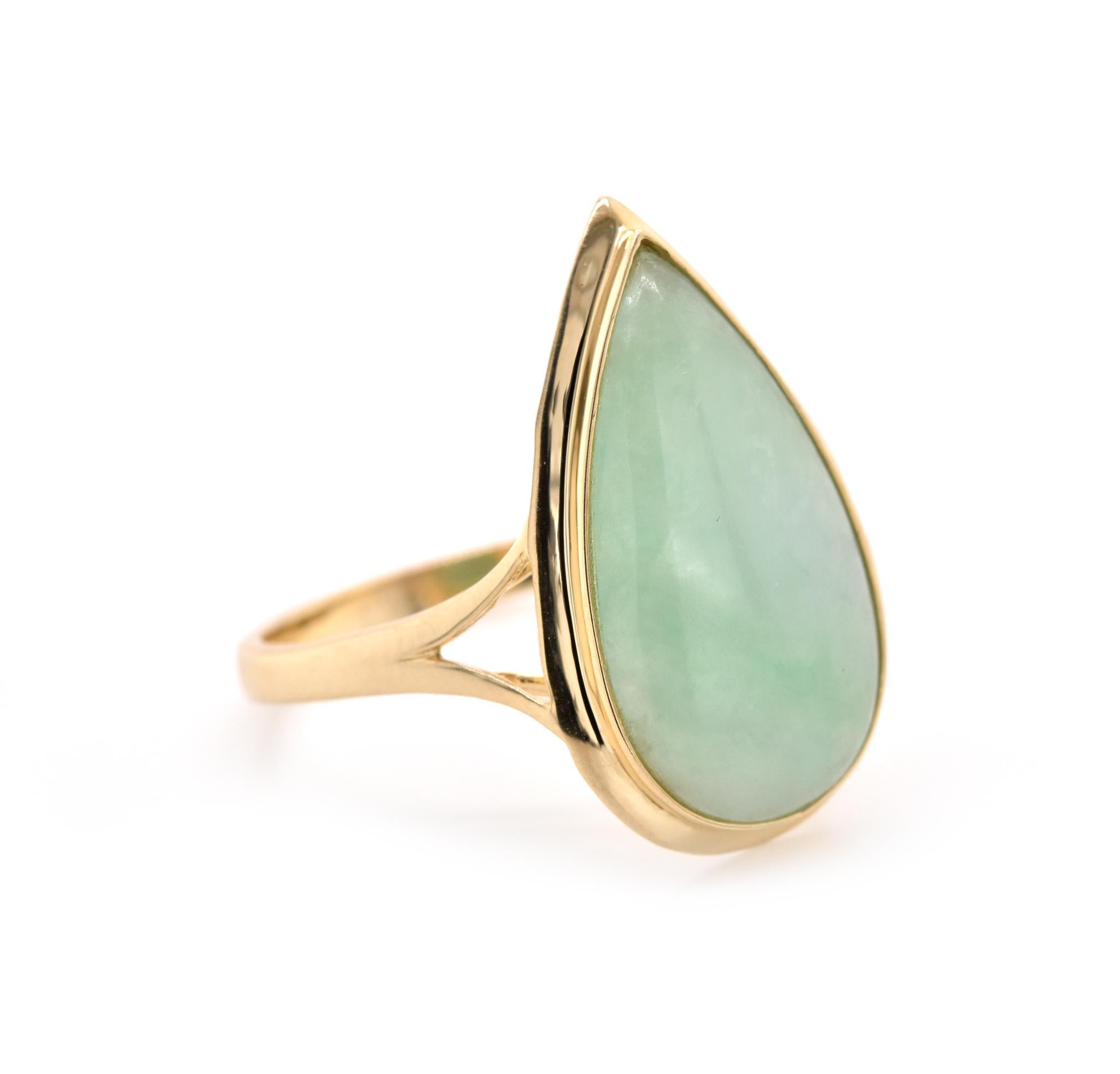 Designer: custom 
Material: 14K yellow gold
Gemstone: Jade = 3.94cttw pear cut
Ring Size: 9.25
Dimensions: ring is 2.2mm wide
Weight: 3.82 grams
