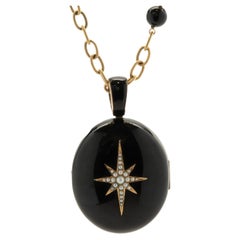 14 Karat Yellow Gold Vintage Black Onyx and Seed Pearl Locket Necklace