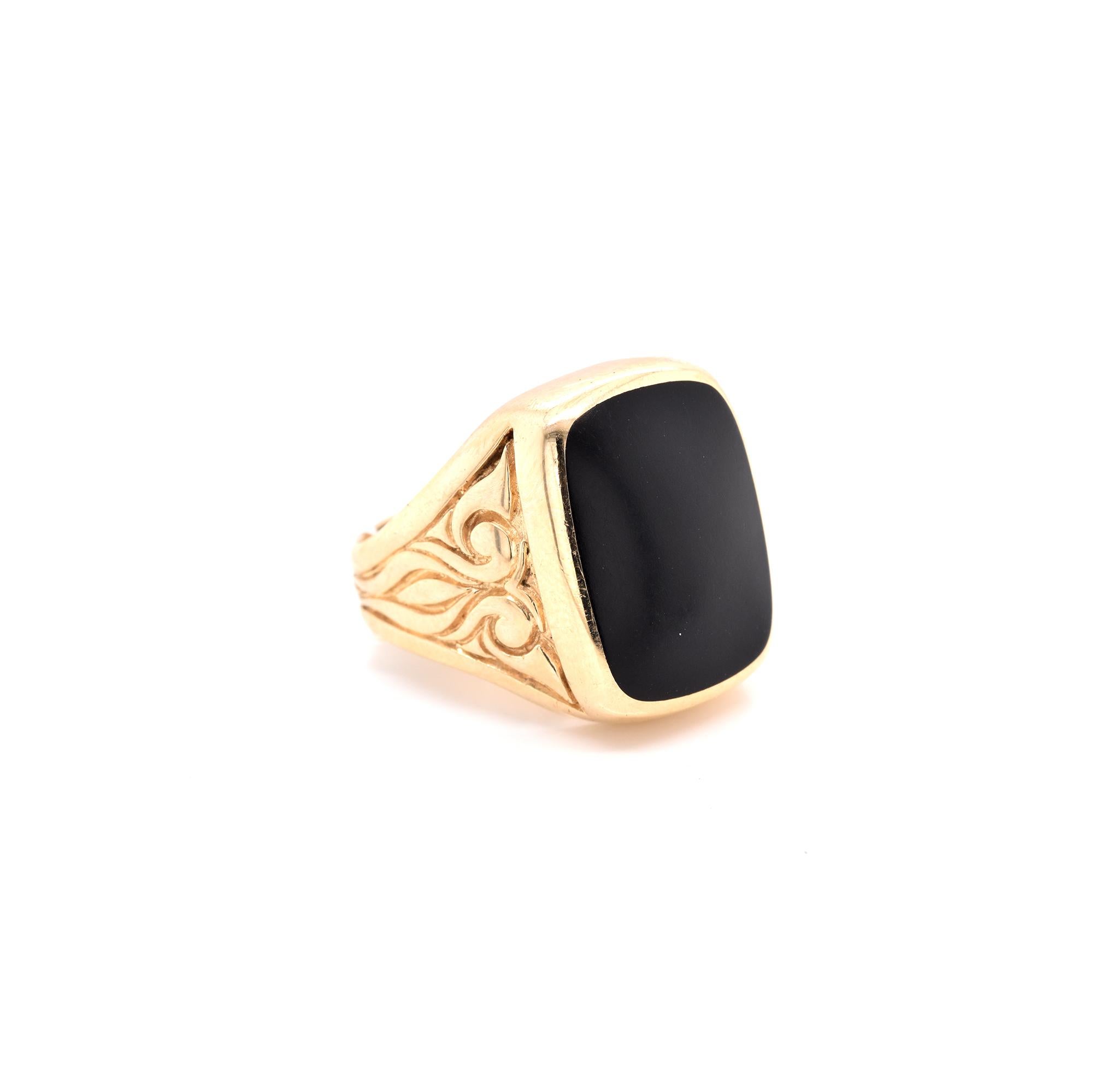 Designer: custom design
Material: 14k yellow gold 
Ring Size: 10.25 (please allow two additional shipping days for sizing requests)
Dimensions: ring top measures 20.7mm wide
Weight: 13.2 grams
