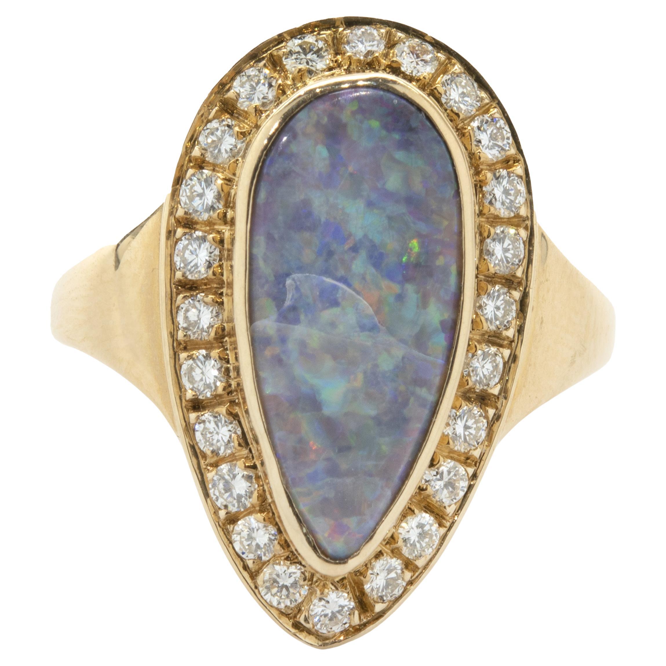 14 Karat Yellow Gold Vintage Black Opal and Diamond Ring For Sale