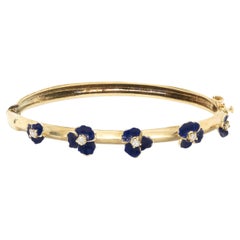 14 Karat Yellow Gold Vintage Blue Enamel Flower and Diamond Bangle Bracelet