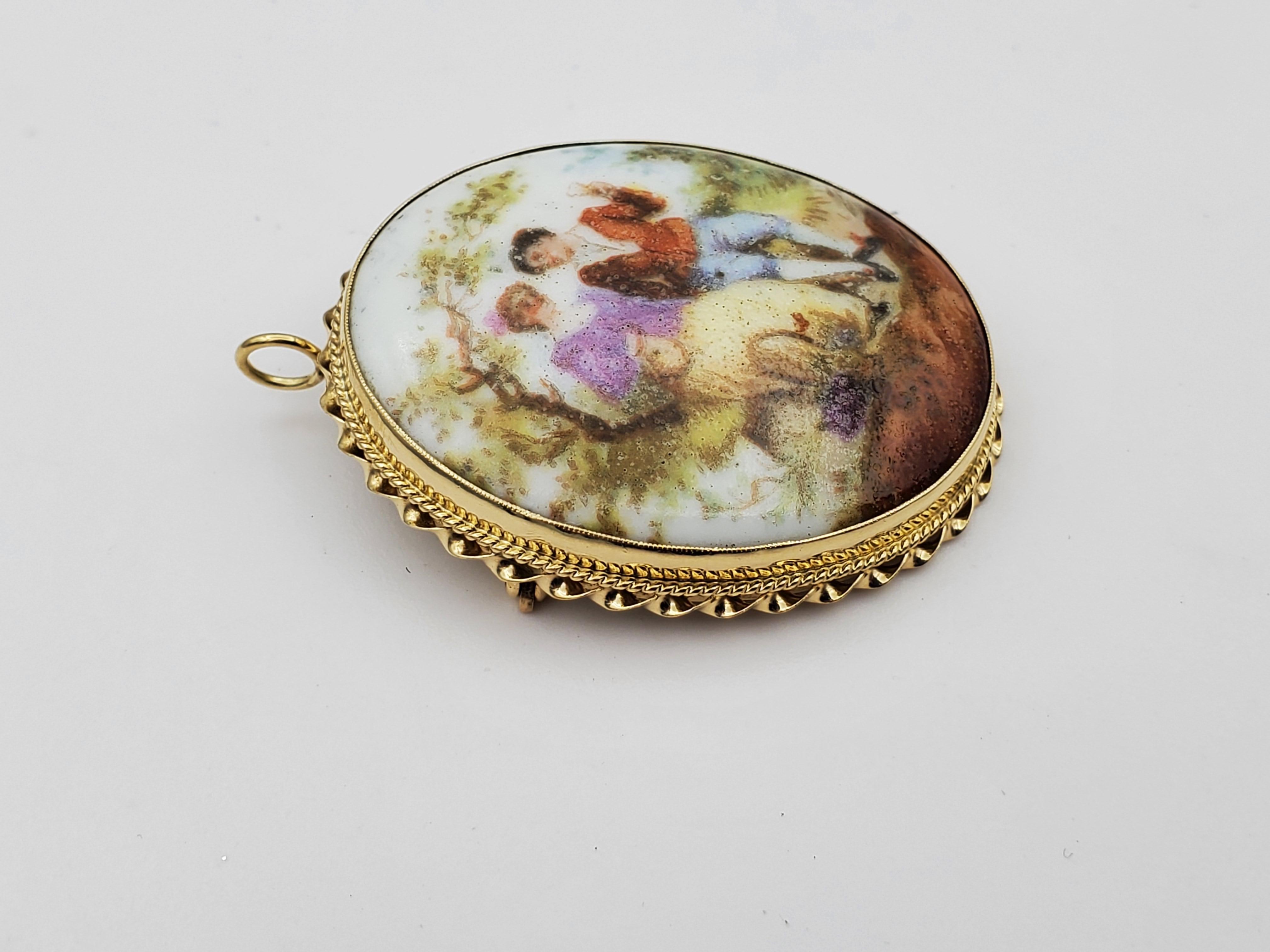 Broche / Colgante Vintage de oro amarillo de 14 quilates, Pareja de novios, Victoriano, 1900 en venta 1