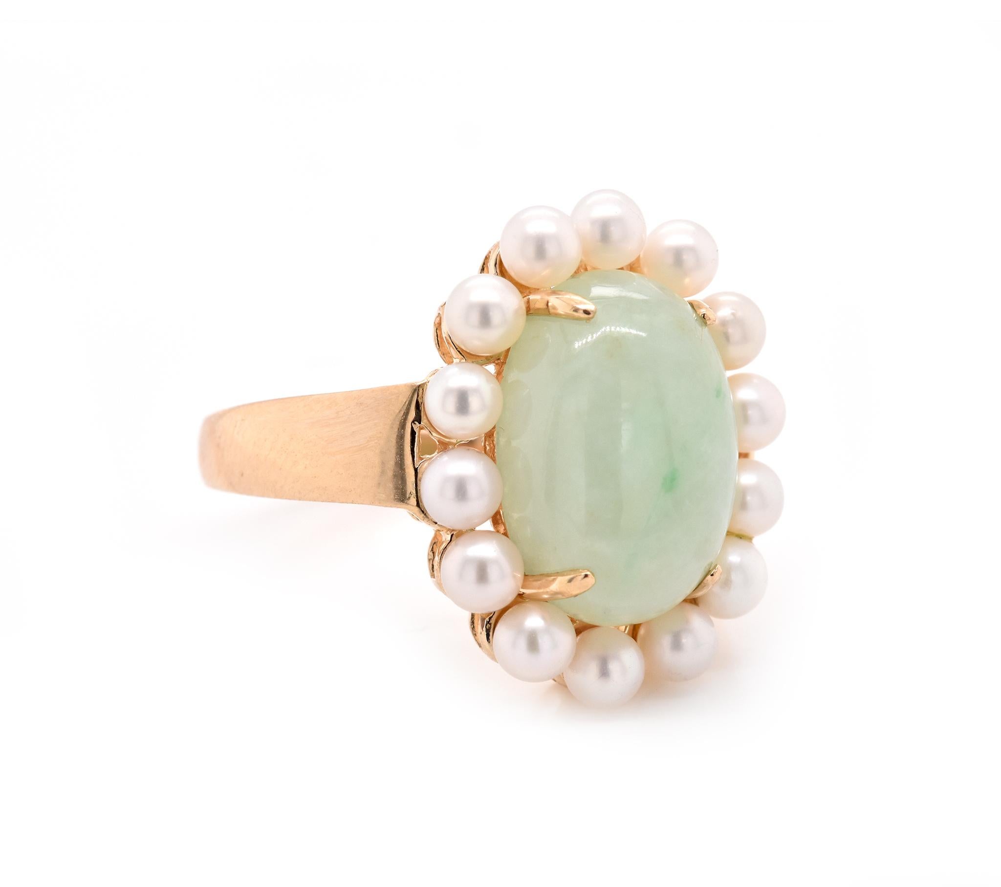 Designer: custom 
Material: 14K yellow gold
Gemstone: Jade = 5.88cttw cabochon cut
Ring Size: 8
Dimensions: ring is 2.5mm wide
Weight: 6.57 grams
