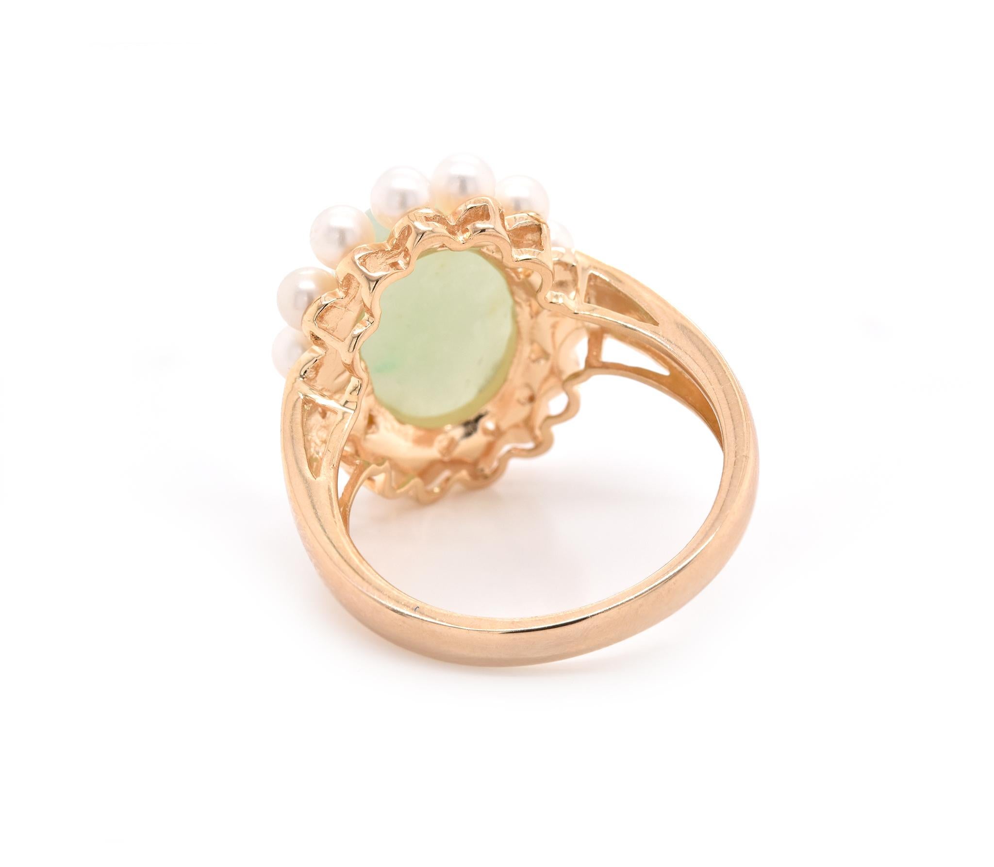 Women's or Men's 14 Karat Yellow Gold Vintage Cabochon Jade and Seed Pearl RIng