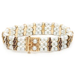 14 Karat Gelbgold Vintage Zuchtperlen- und Granat-Armband