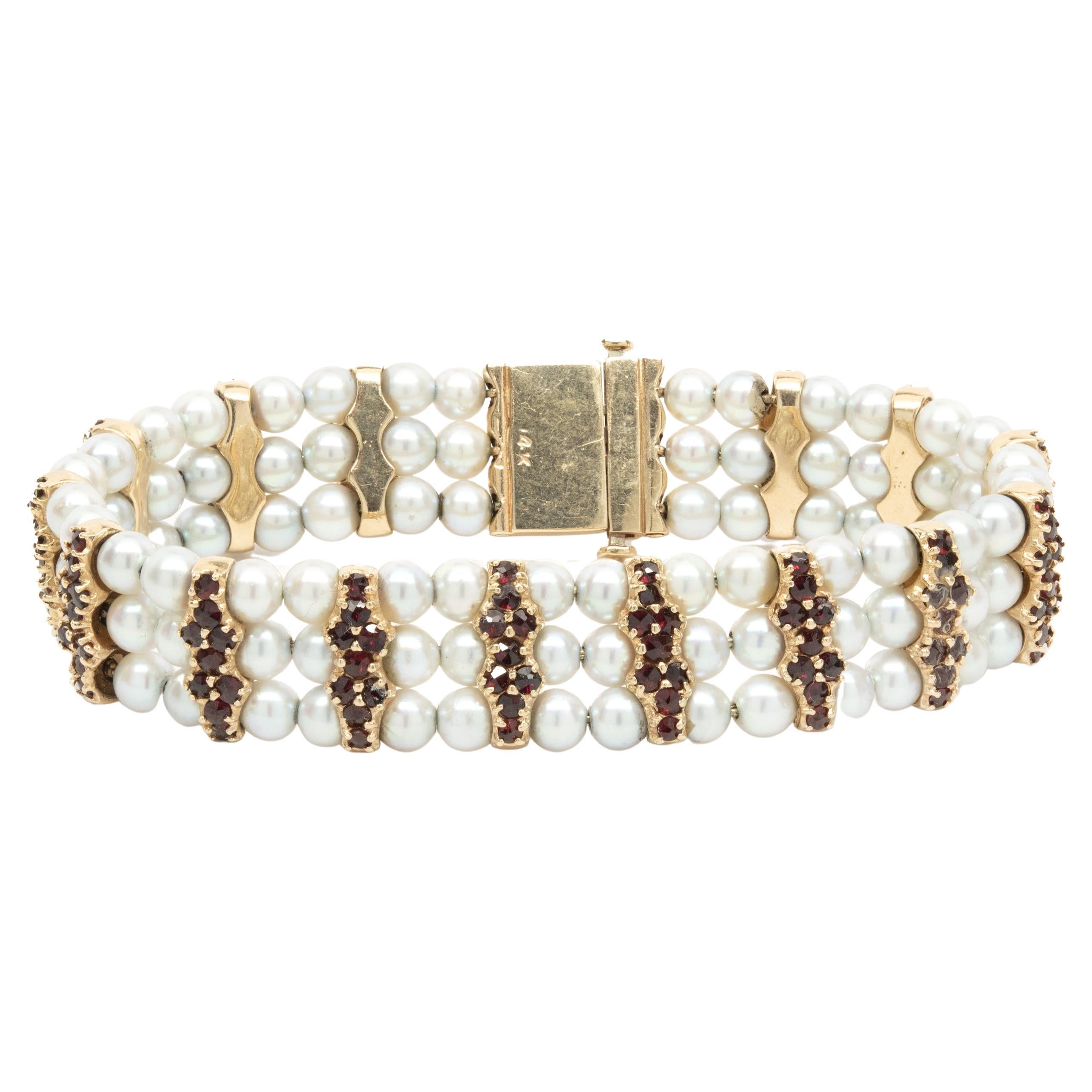 Bracelet vintage en or jaune 14 carats avec perles de culture et grenats