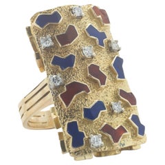 14 Karat Yellow Gold Vintage Diamond and Red / Blue Enamel Ring