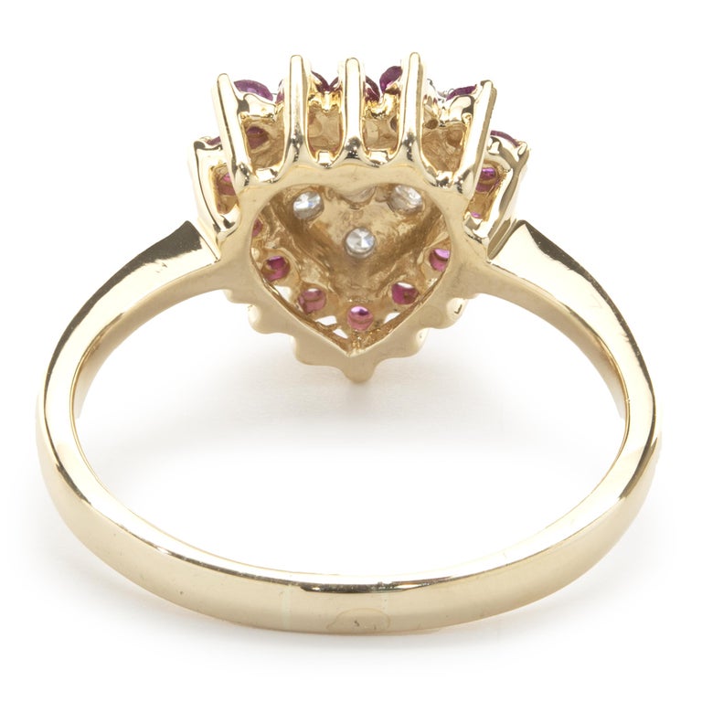 14 Karat Yellow Gold Vintage Diamond and Ruby Cluster Heart Ring For