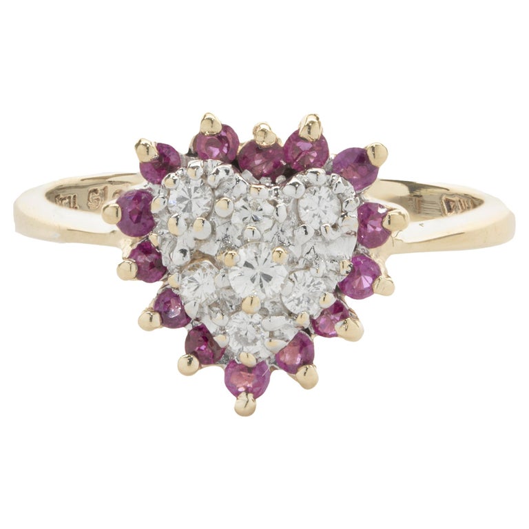 14 Karat Yellow Gold Vintage Diamond and Ruby Cluster Heart Ring For