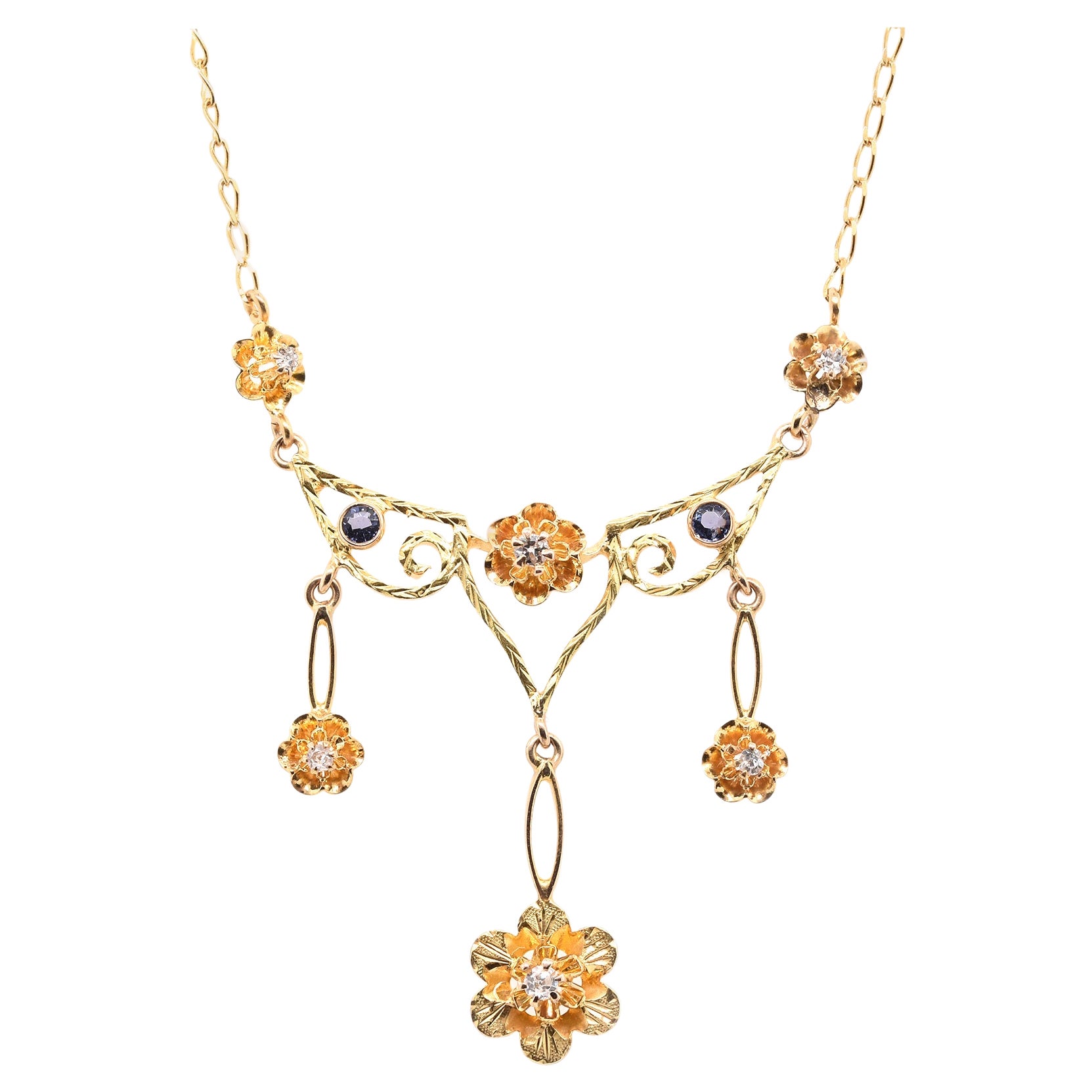 Collar Floral Diamante Vintage Oro Amarillo 14 Kilates