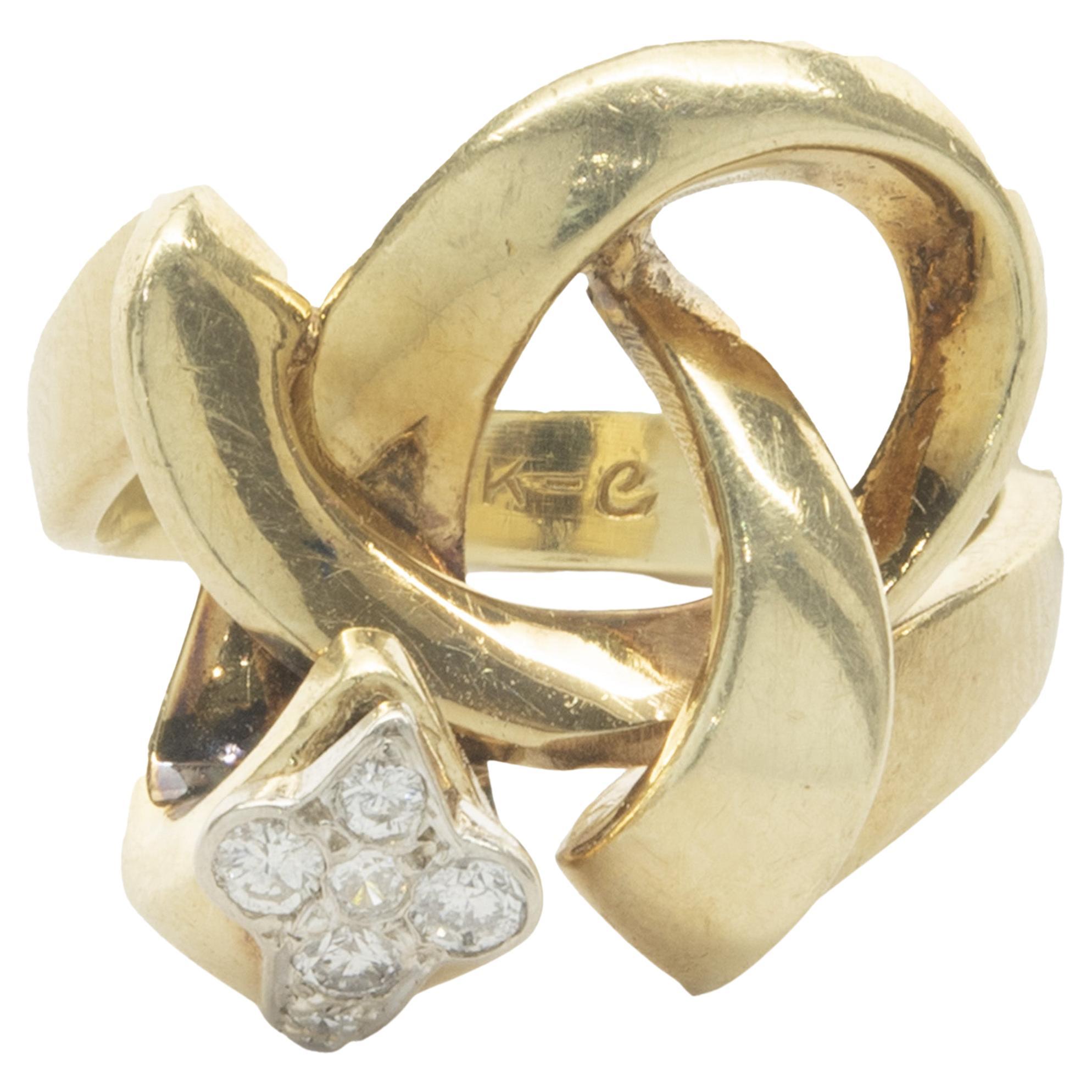 14 Karat Yellow Gold Vintage Diamond Knot Ring For Sale